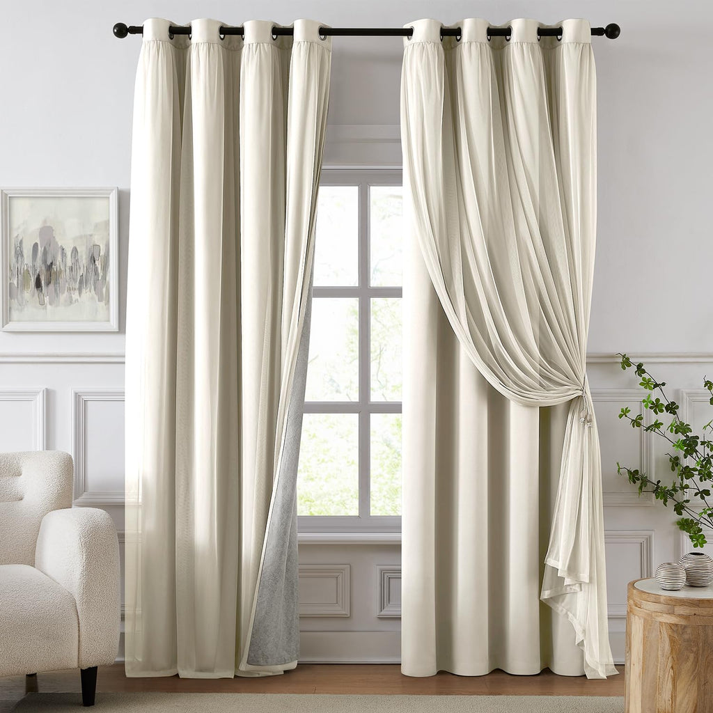 100% Blackout Curtains for Bedroom, Double Layer Pink Curtains, Black Out Curtain 84 inch Long with Sheer Overlay for Living Room, Room Darkening Window Drapes with Grommet, 52" W x 84" L
