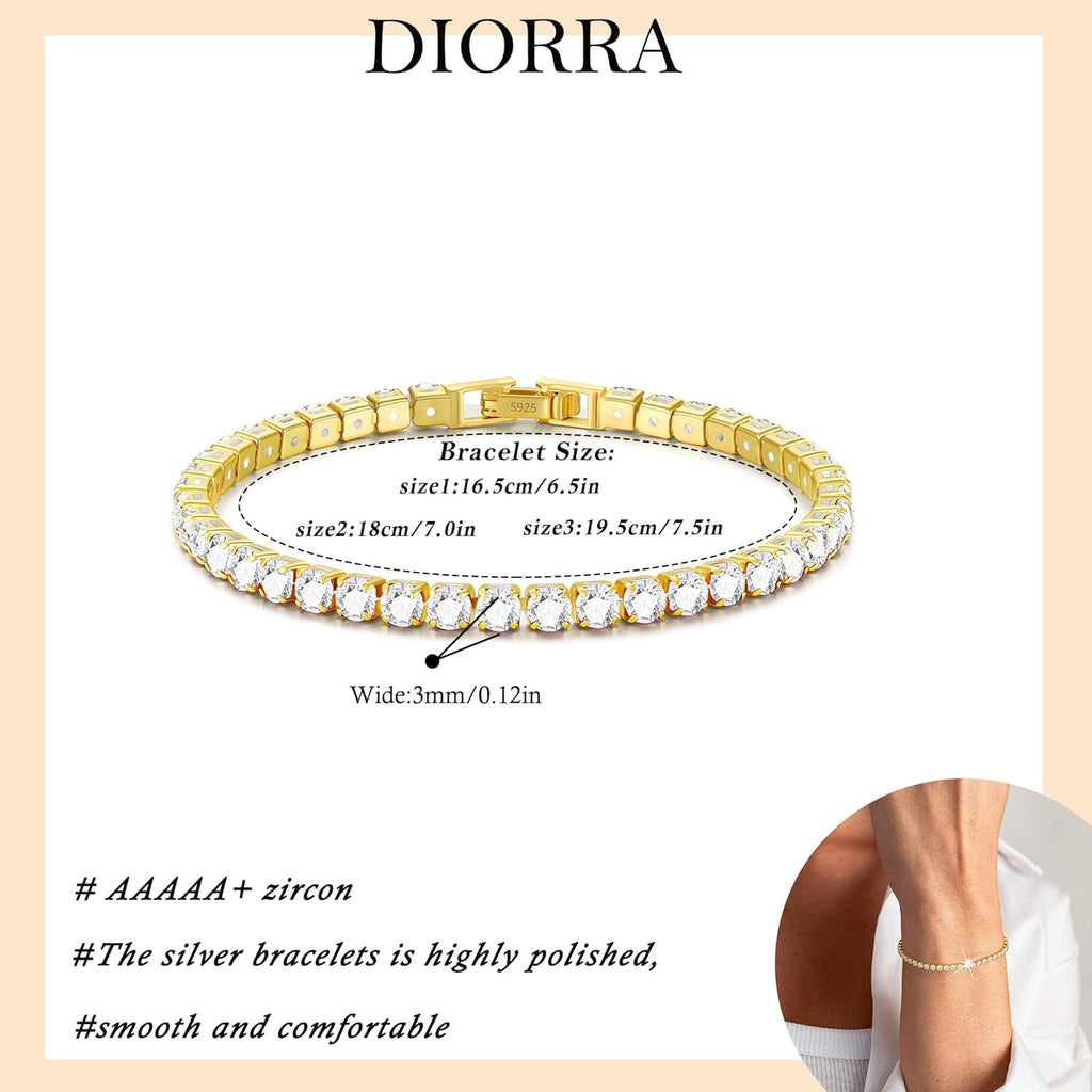3mm/4mm Cubic Zirconia Classic Tennis Bracelet 14K Gold Plated/Silver Bracelets for Women Size 6.5-7.5 Inch
