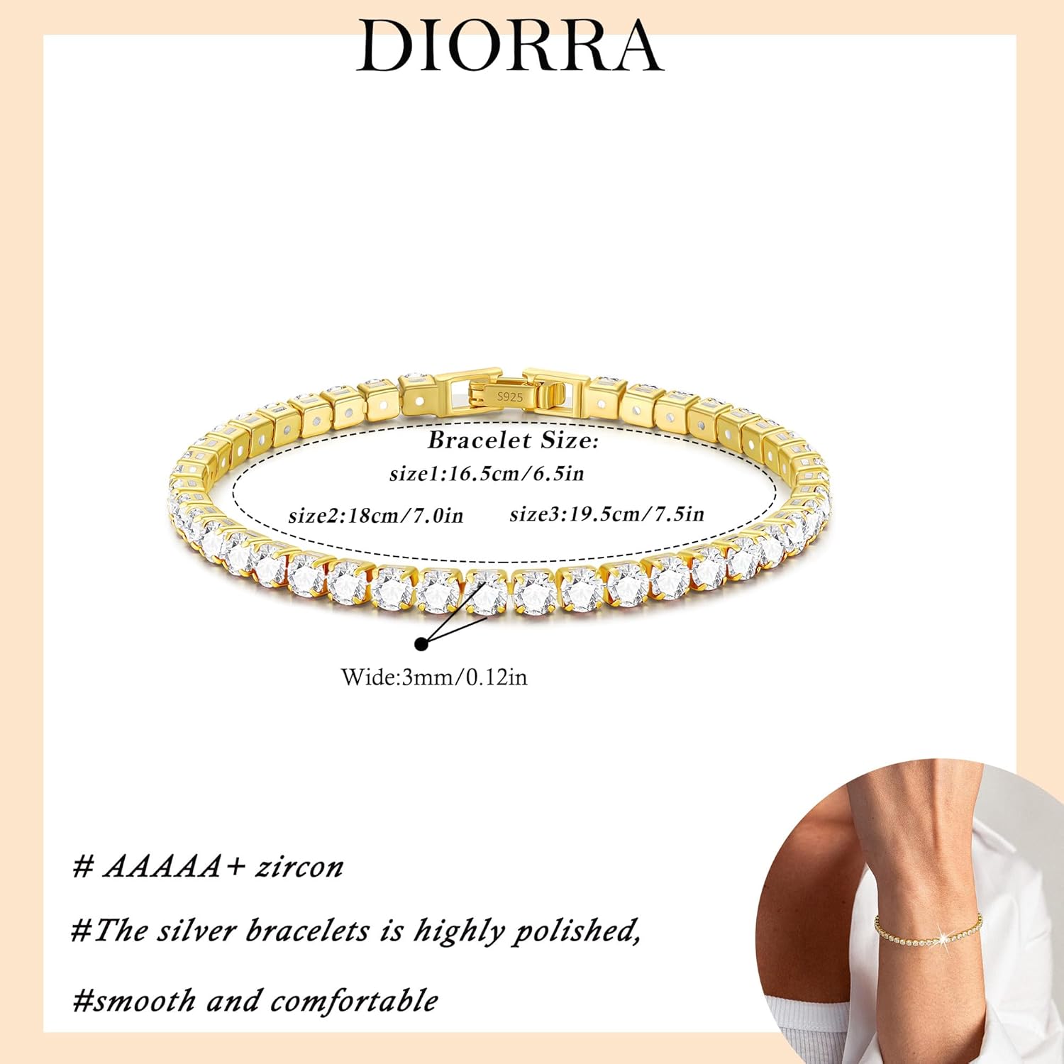 3mm/4mm Cubic Zirconia Classic Tennis Bracelet 14K Gold Plated/Silver Bracelets for Women Size 6.5-7.5 Inch