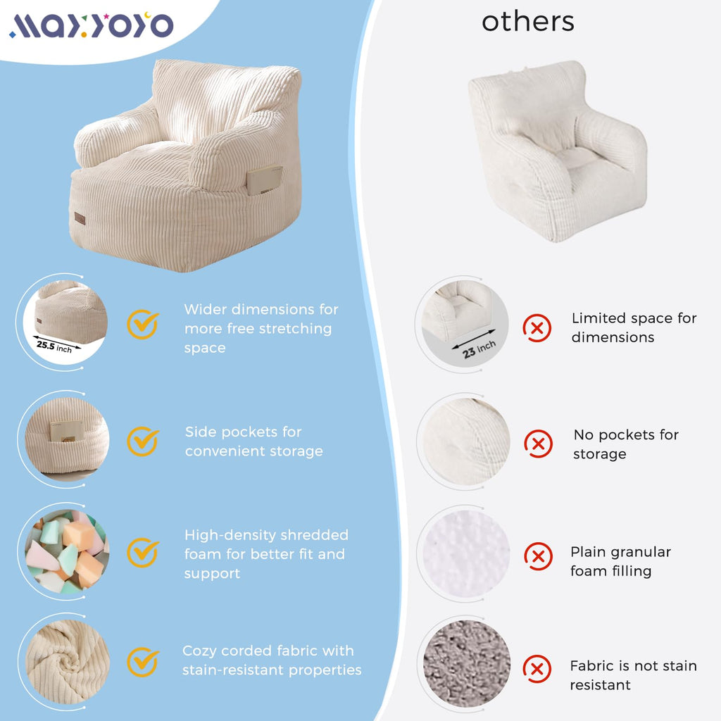 MAXYOYO Kids Bean Bag Chair, Stuffed Toddler Bean Bag Sofa with Filler Bean Bag Chair for Boys and Girls, Lazy Sofa with Pocket Floor Chair for Gaming, Reading, Pink