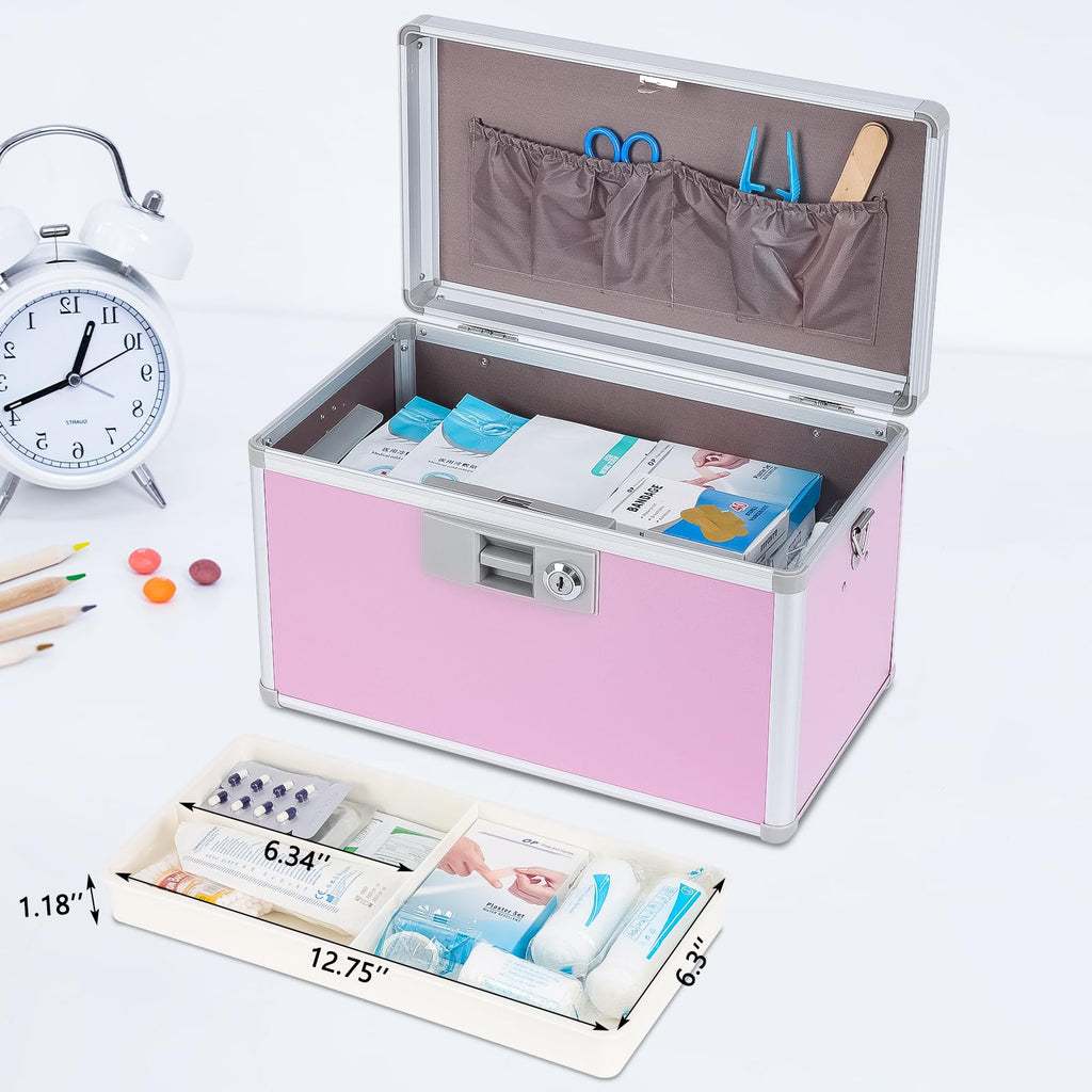 Medicine Lock Box,First Aid Safe Medication Storage Box,Layered Aluminum Daily Medicine Cabinet Family Use,12.2" x 7.9" x 7.5", Pink