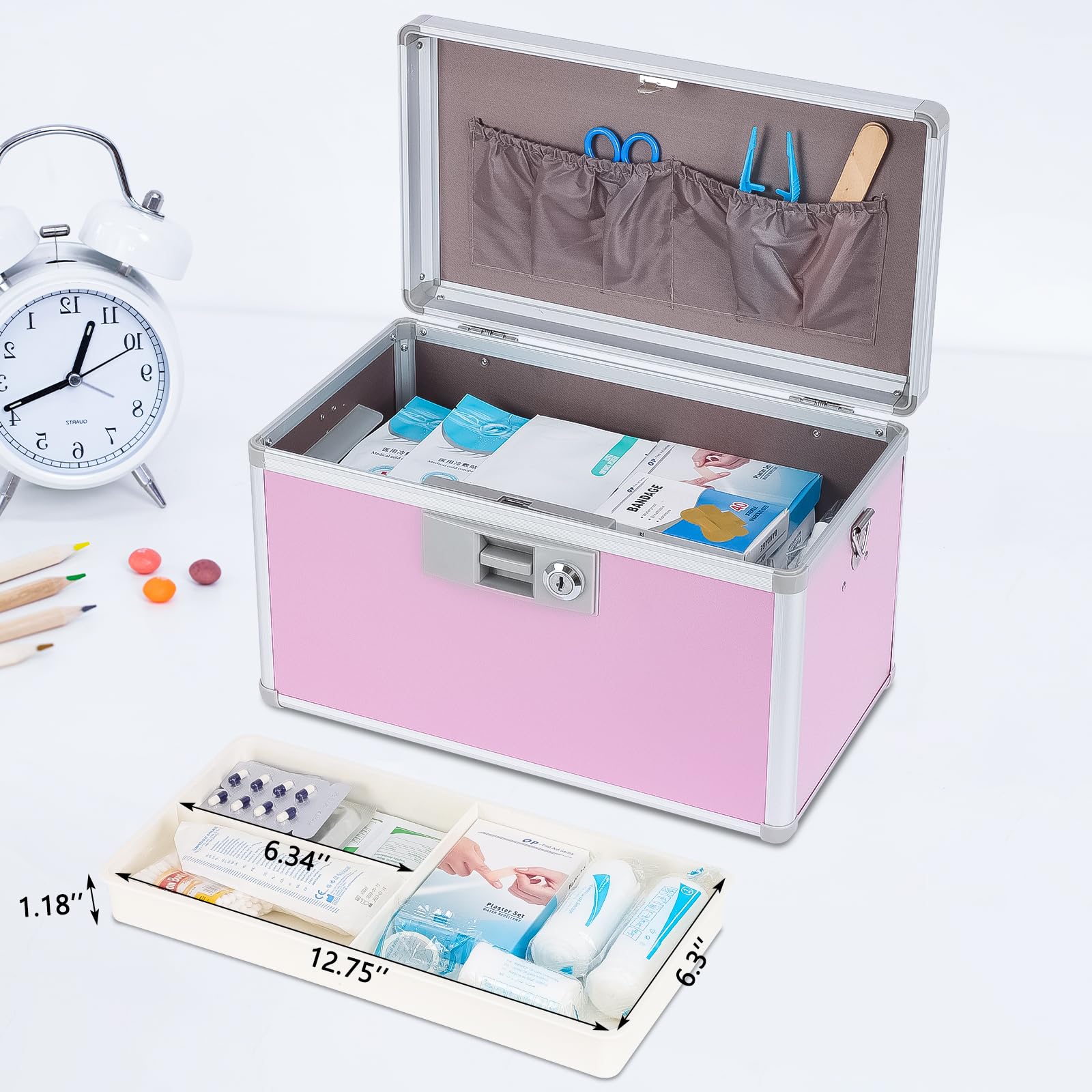 Medicine Lock Box,First Aid Safe Medication Storage Box,Layered Aluminum Daily Medicine Cabinet Family Use,12.2" x 7.9" x 7.5", Pink