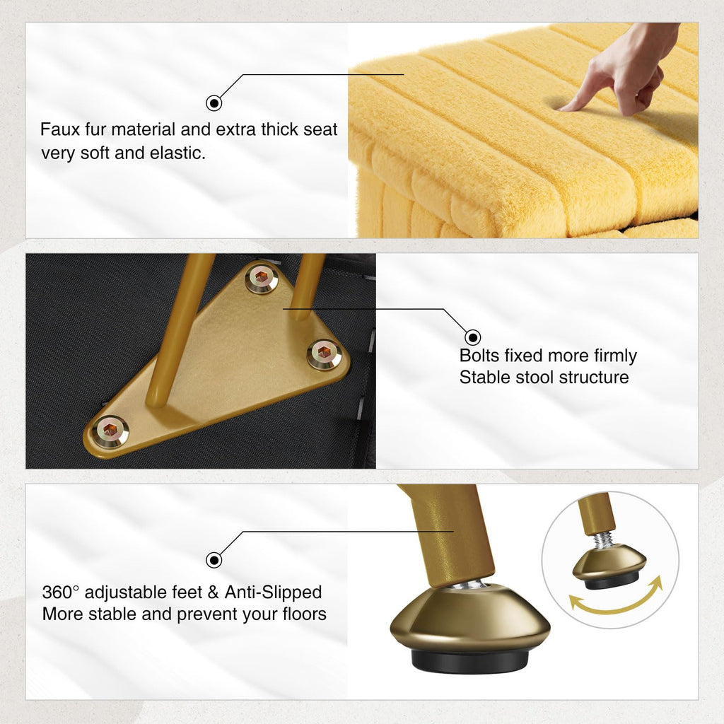 Greenstell Vanity Stool Chair Faux Fur with Storage, 15.7"L x 11.8"W x 19.4"H Soft Ottoman 4 Metal Legs with Anti-Slip Feet, Furry Padded Seat, Modern Multifunctional Chairs for Makeup, Bedroom Pink