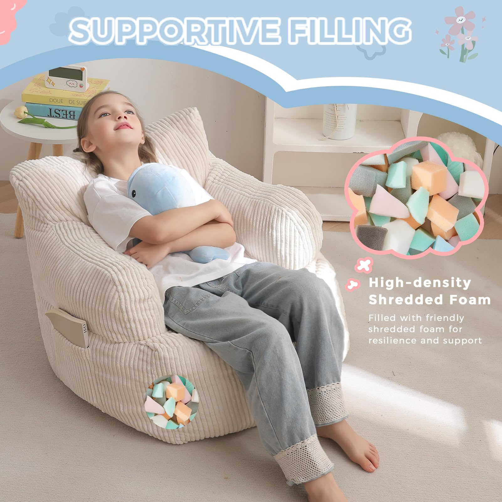 MAXYOYO Kids Bean Bag Chair, Stuffed Toddler Bean Bag Sofa with Filler Bean Bag Chair for Boys and Girls, Lazy Sofa with Pocket Floor Chair for Gaming, Reading, Pink