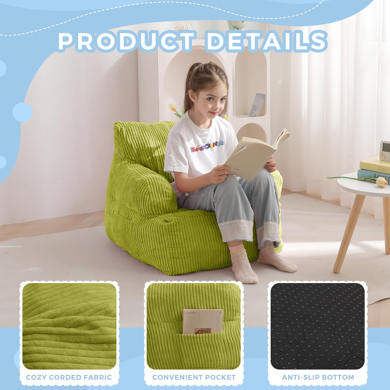 MAXYOYO Kids Bean Bag Chair, Stuffed Toddler Bean Bag Sofa with Filler Bean Bag Chair for Boys and Girls, Lazy Sofa with Pocket Floor Chair for Gaming, Reading, Pink