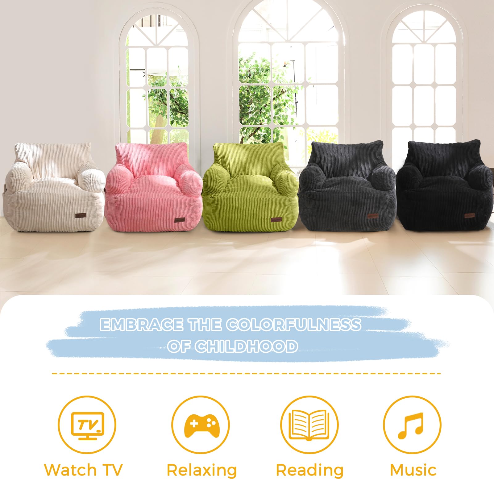 MAXYOYO Kids Bean Bag Chair, Stuffed Toddler Bean Bag Sofa with Filler Bean Bag Chair for Boys and Girls, Lazy Sofa with Pocket Floor Chair for Gaming, Reading, Pink