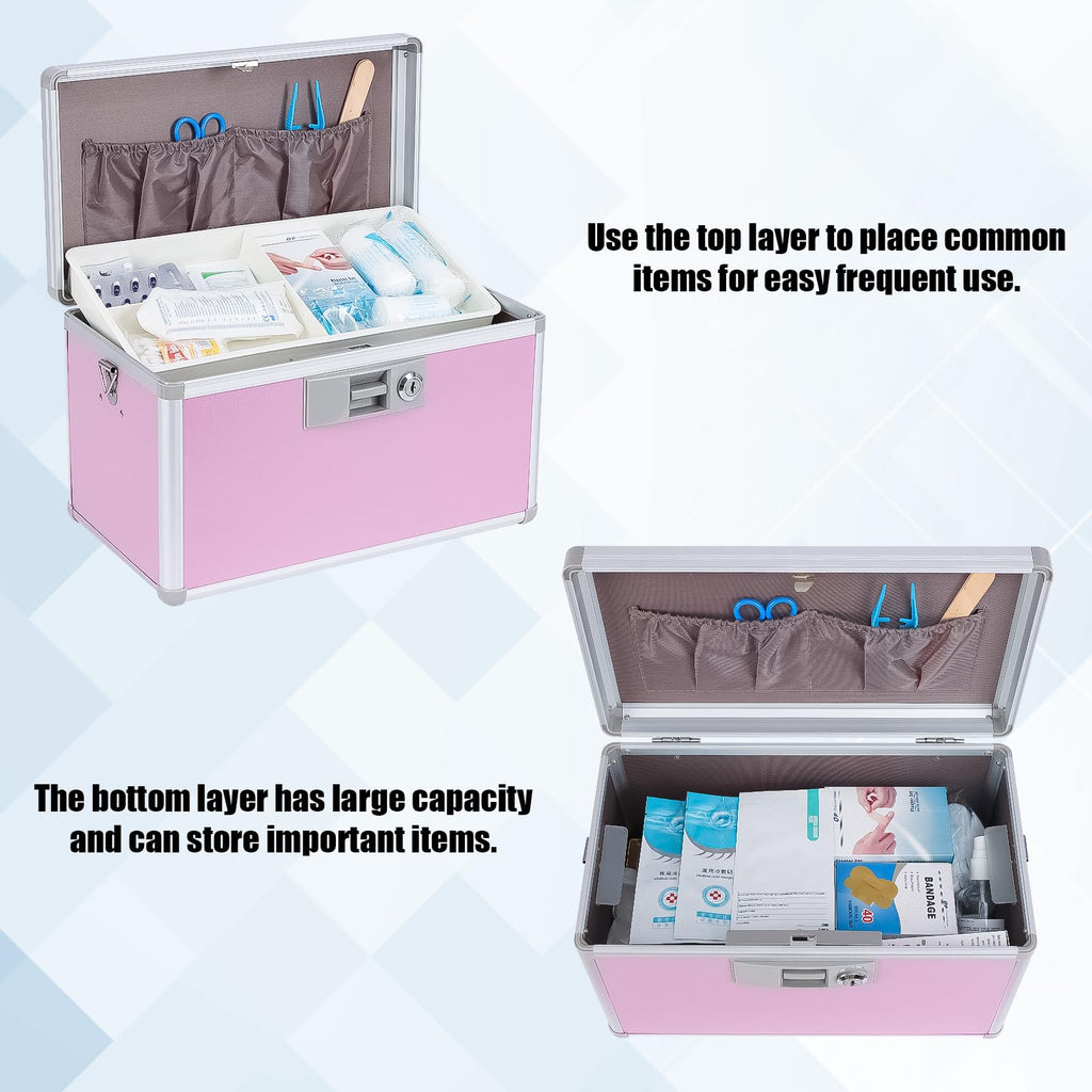 Medicine Lock Box,First Aid Safe Medication Storage Box,Layered Aluminum Daily Medicine Cabinet Family Use,12.2" x 7.9" x 7.5", Pink