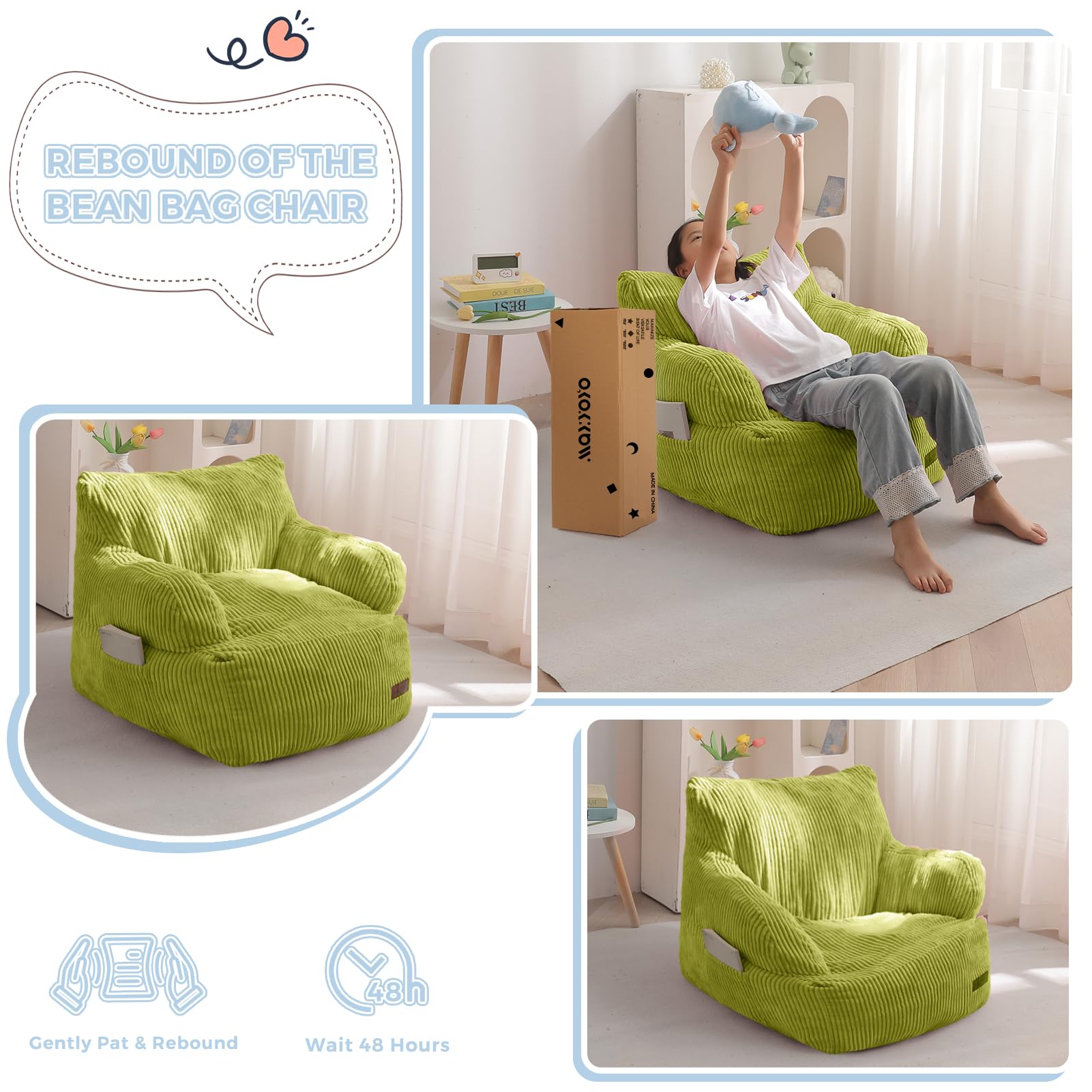 MAXYOYO Kids Bean Bag Chair, Stuffed Toddler Bean Bag Sofa with Filler Bean Bag Chair for Boys and Girls, Lazy Sofa with Pocket Floor Chair for Gaming, Reading, Pink