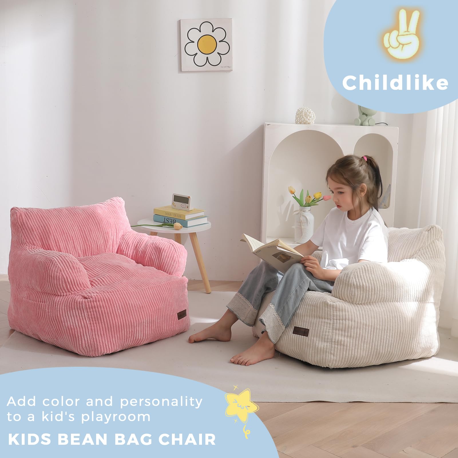 MAXYOYO Kids Bean Bag Chair, Stuffed Toddler Bean Bag Sofa with Filler Bean Bag Chair for Boys and Girls, Lazy Sofa with Pocket Floor Chair for Gaming, Reading, Pink