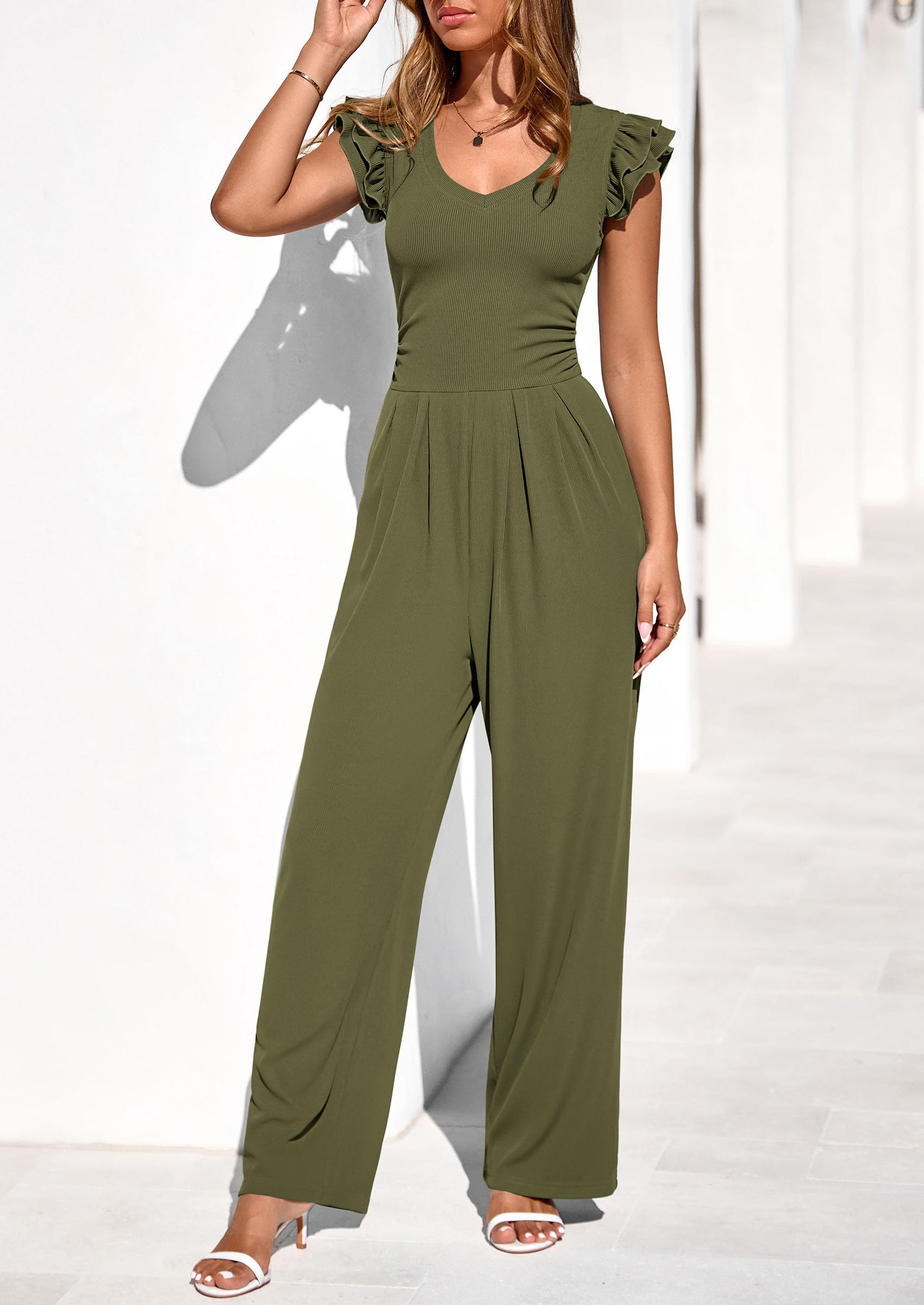 PRETTYGARDEN One Piece Jumpsuits For Women Dressy Ruffle Cap Sleeve V Neck Ribbed Knit Wide Leg Romper Casual Spring Outfits