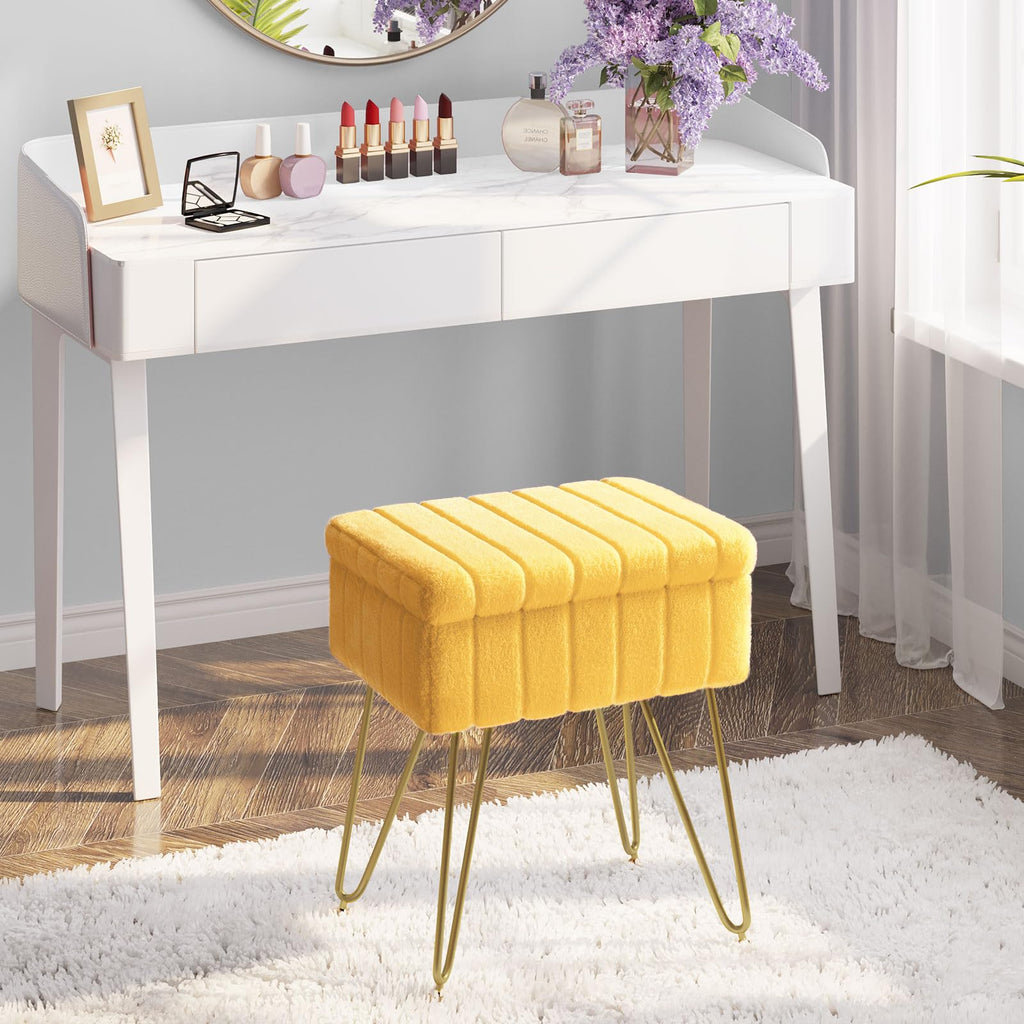 Greenstell Vanity Stool Chair Faux Fur with Storage, 15.7"L x 11.8"W x 19.4"H Soft Ottoman 4 Metal Legs with Anti-Slip Feet, Furry Padded Seat, Modern Multifunctional Chairs for Makeup, Bedroom Pink