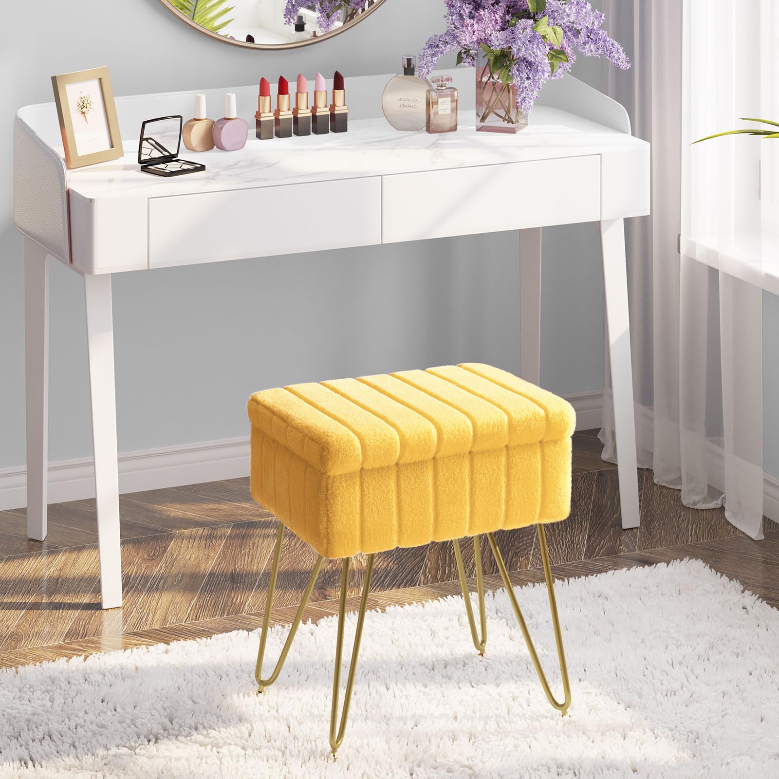 Greenstell Vanity Stool Chair Faux Fur with Storage, 15.7"L x 11.8"W x 19.4"H Soft Ottoman 4 Metal Legs with Anti-Slip Feet, Furry Padded Seat, Modern Multifunctional Chairs for Makeup, Bedroom Pink