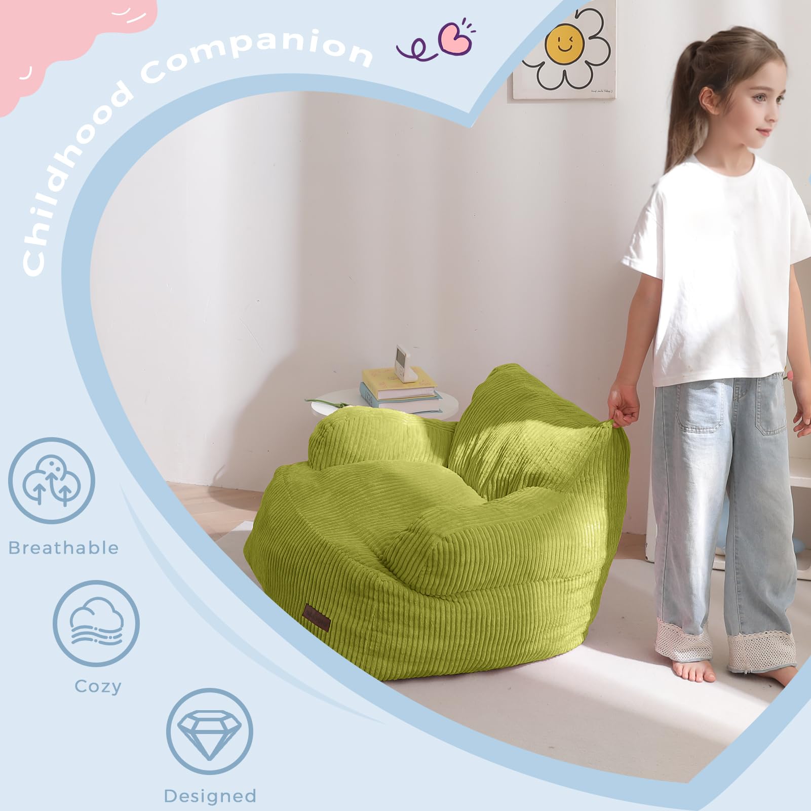 MAXYOYO Kids Bean Bag Chair, Stuffed Toddler Bean Bag Sofa with Filler Bean Bag Chair for Boys and Girls, Lazy Sofa with Pocket Floor Chair for Gaming, Reading, Pink