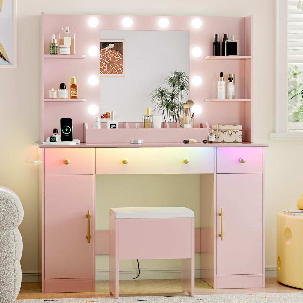 Vanity Desk with Mirror and Lights, 43'' Pink Makeup Dressing Table Set with 5 Drawers & Chair, Power Outlet, 3 Lighting Modes Adjustable Brightness & RGB LED for Women Girls Bedroom Bathroom