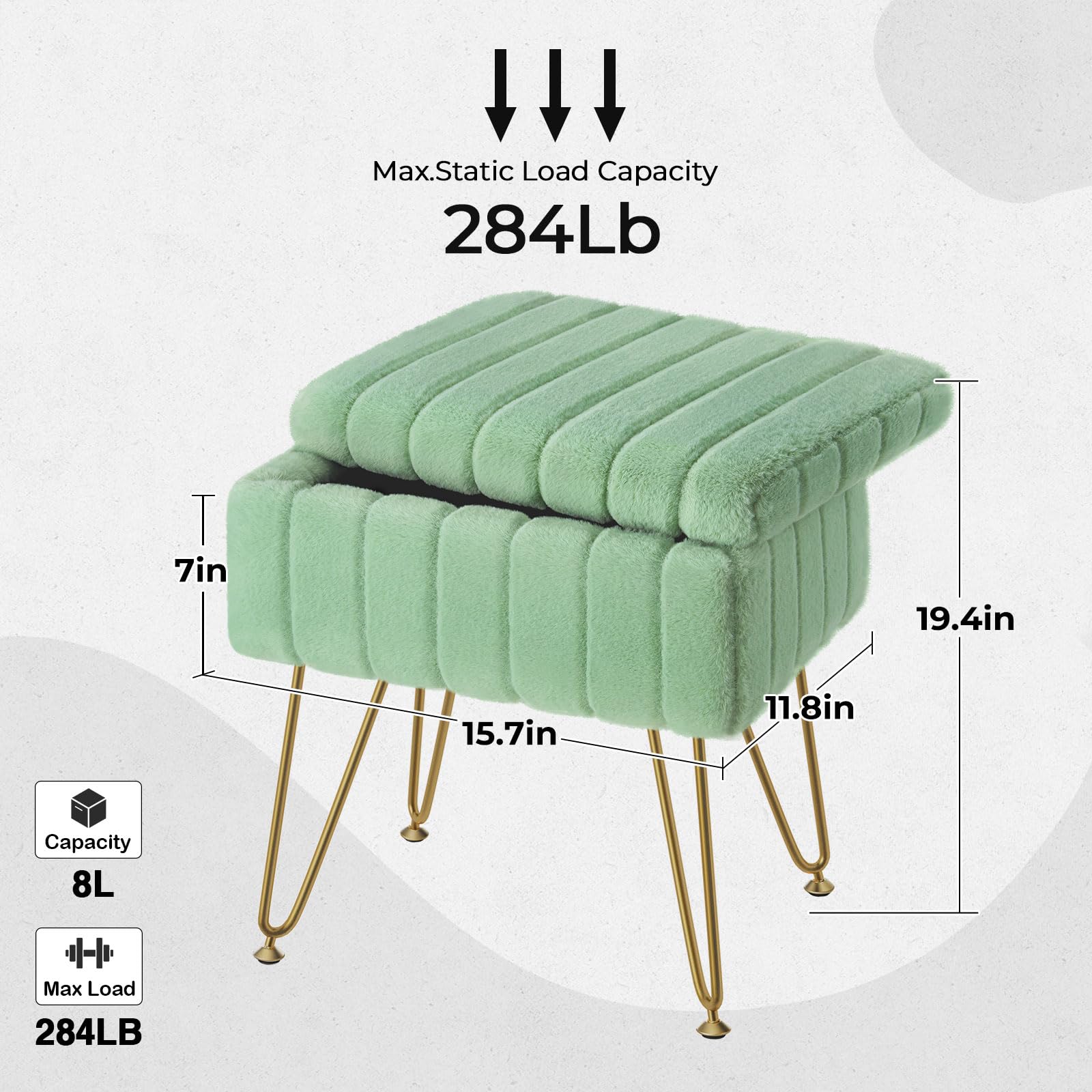 Greenstell Vanity Stool Chair Faux Fur with Storage, 15.7"L x 11.8"W x 19.4"H Soft Ottoman 4 Metal Legs with Anti-Slip Feet, Furry Padded Seat, Modern Multifunctional Chairs for Makeup, Bedroom Pink