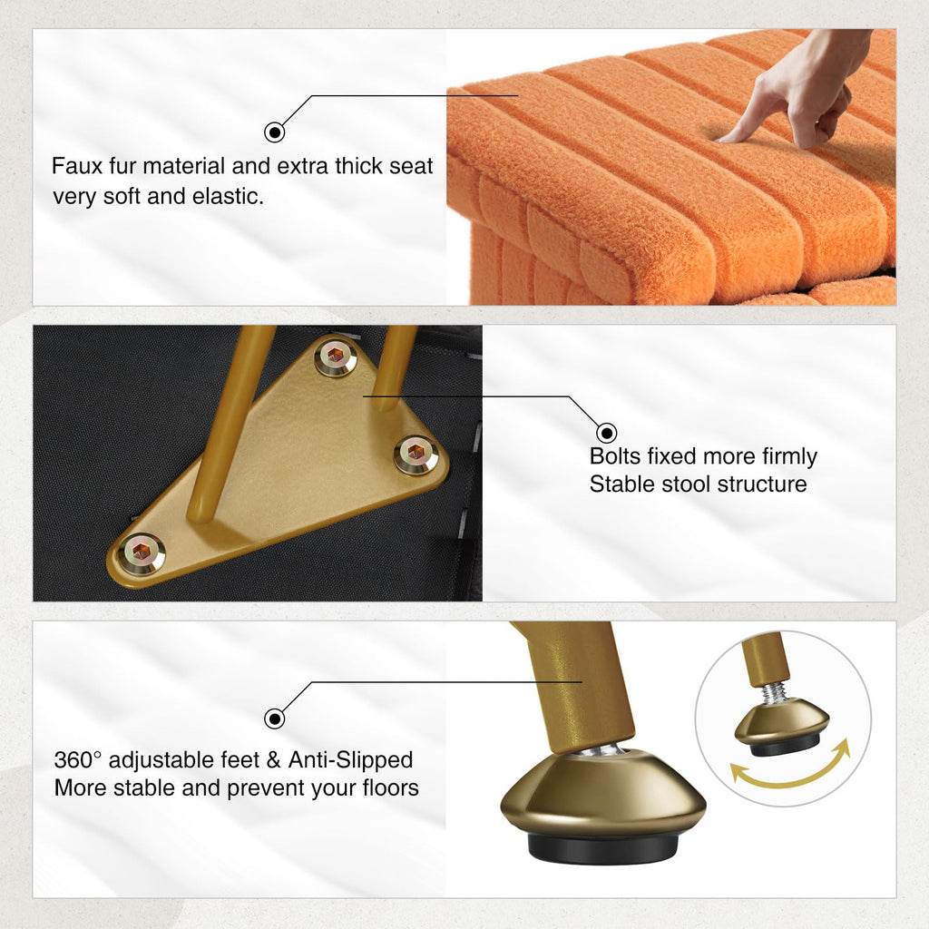 Greenstell Vanity Stool Chair Faux Fur with Storage, 15.7"L x 11.8"W x 19.4"H Soft Ottoman 4 Metal Legs with Anti-Slip Feet, Furry Padded Seat, Modern Multifunctional Chairs for Makeup, Bedroom Pink