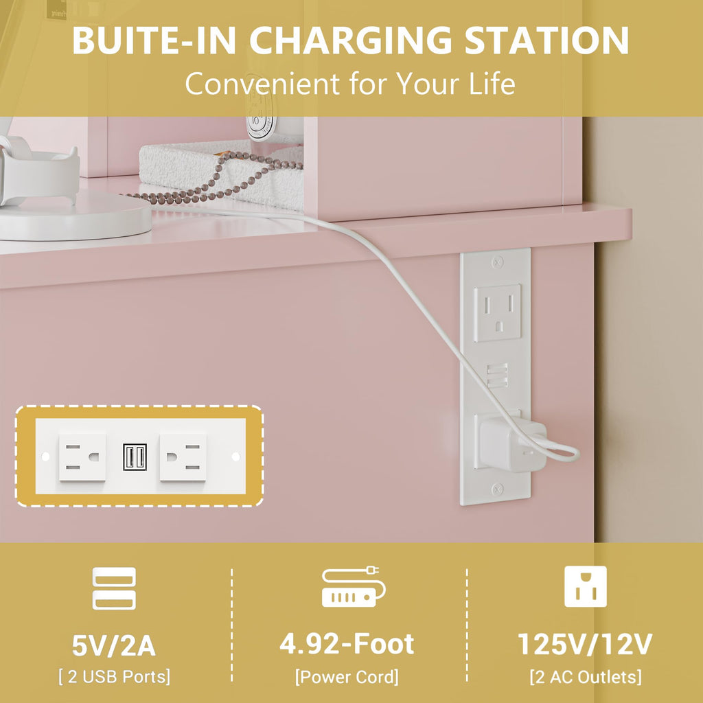 Vanity Desk with Mirror and Lights, 43'' Pink Makeup Dressing Table Set with 5 Drawers & Chair, Power Outlet, 3 Lighting Modes Adjustable Brightness & RGB LED for Women Girls Bedroom Bathroom