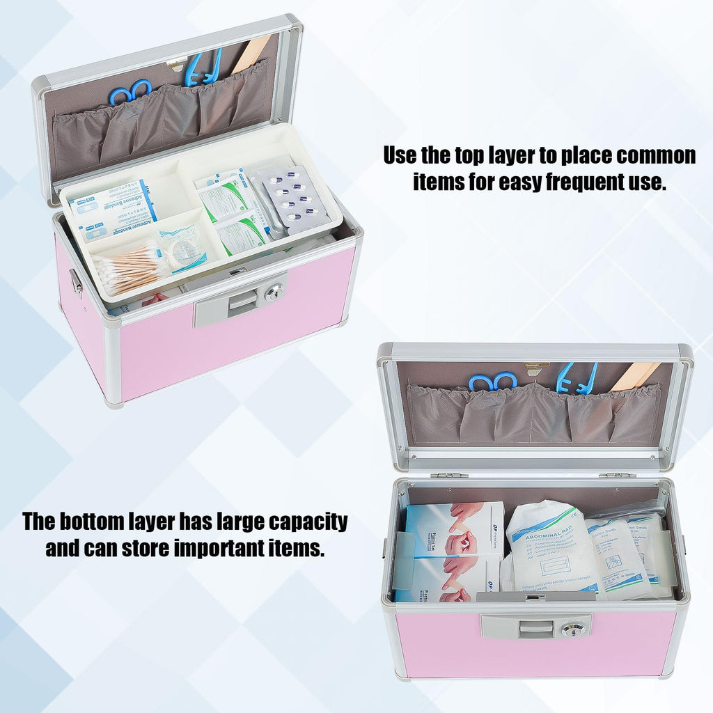 Medicine Lock Box,First Aid Safe Medication Storage Box,Layered Aluminum Daily Medicine Cabinet Family Use,12.2" x 7.9" x 7.5", Pink