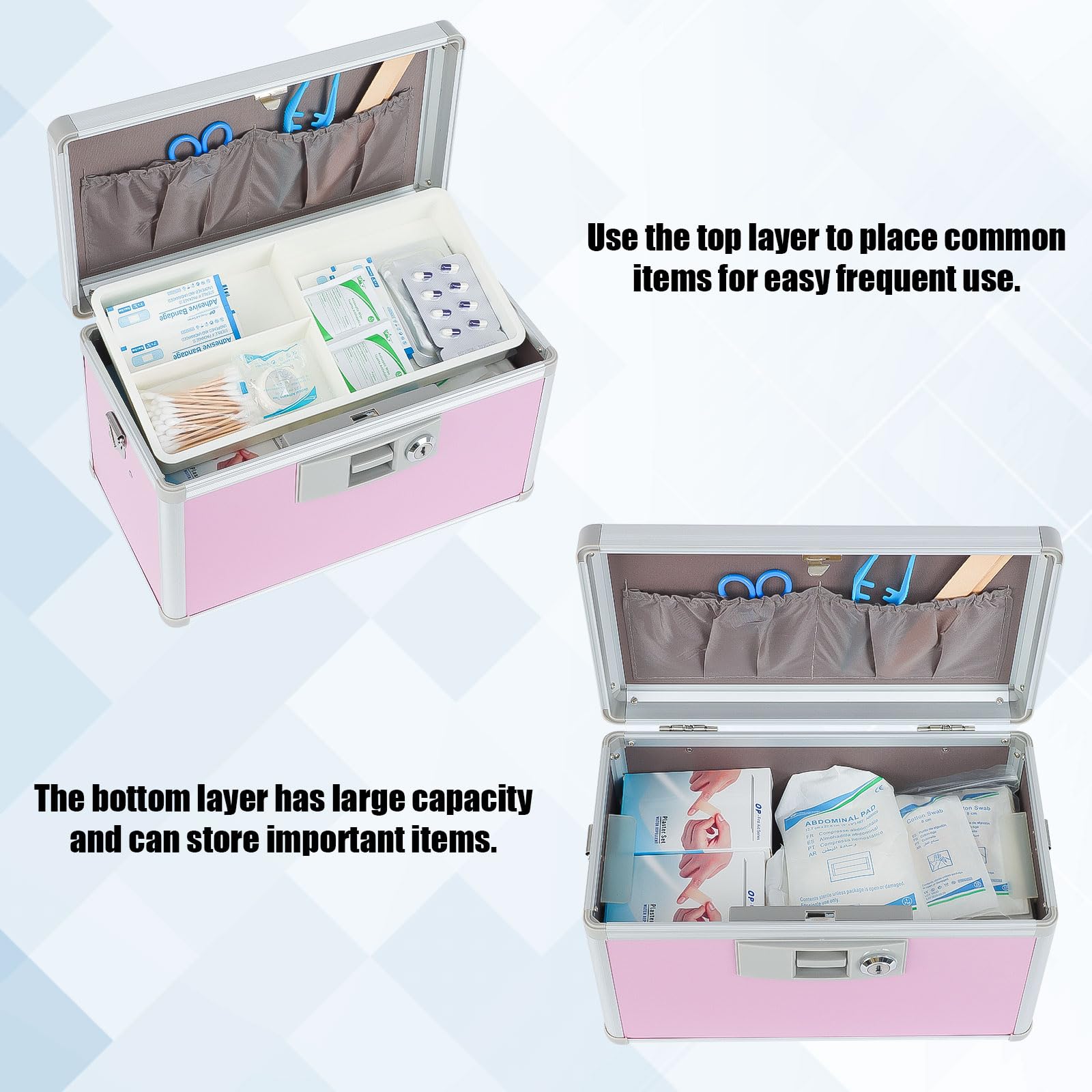 Medicine Lock Box,First Aid Safe Medication Storage Box,Layered Aluminum Daily Medicine Cabinet Family Use,12.2" x 7.9" x 7.5", Pink