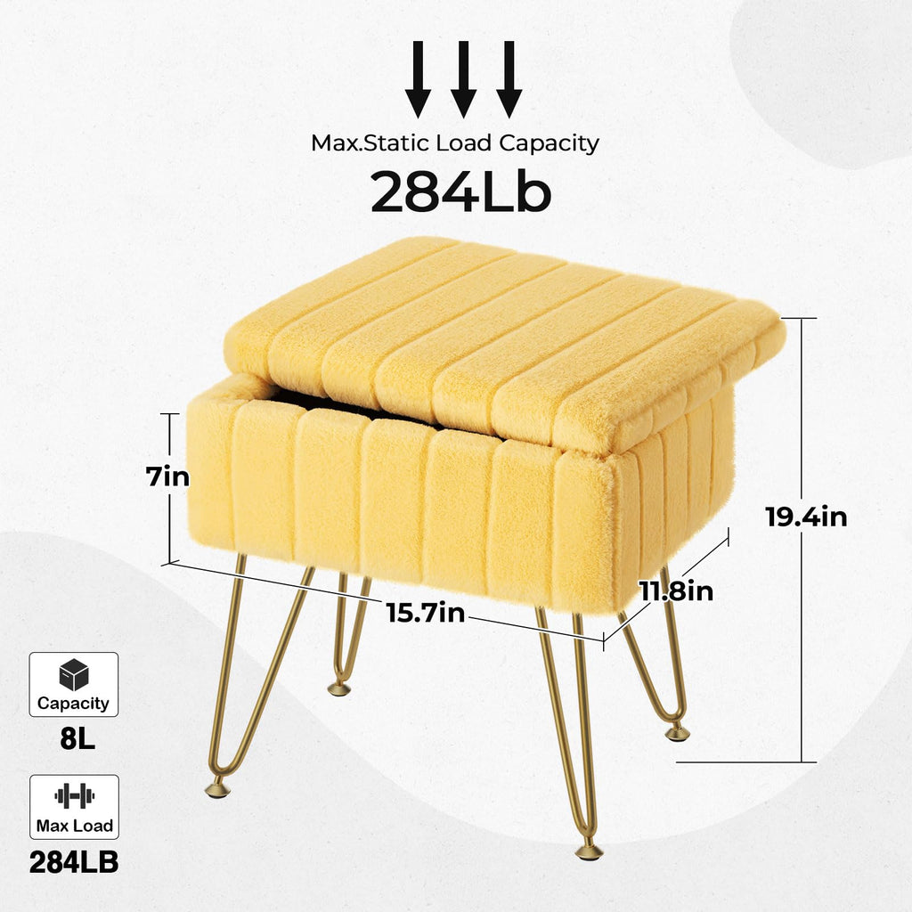Greenstell Vanity Stool Chair Faux Fur with Storage, 15.7"L x 11.8"W x 19.4"H Soft Ottoman 4 Metal Legs with Anti-Slip Feet, Furry Padded Seat, Modern Multifunctional Chairs for Makeup, Bedroom Pink