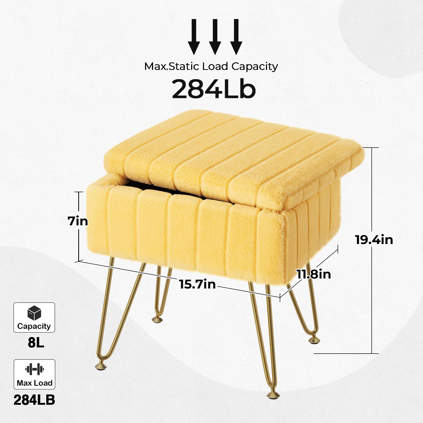 Greenstell Vanity Stool Chair Faux Fur with Storage, 15.7"L x 11.8"W x 19.4"H Soft Ottoman 4 Metal Legs with Anti-Slip Feet, Furry Padded Seat, Modern Multifunctional Chairs for Makeup, Bedroom Pink