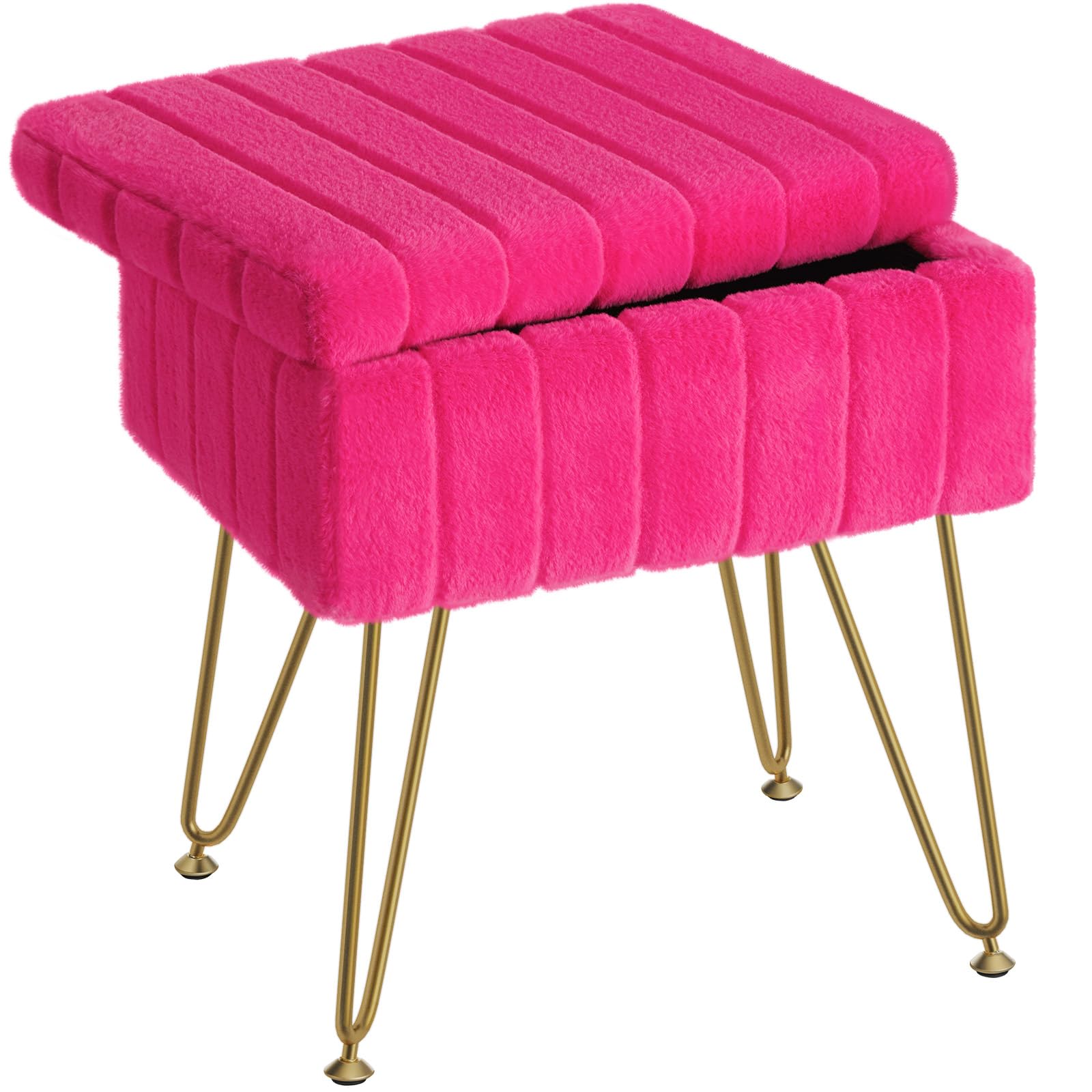 Greenstell Vanity Stool Chair Faux Fur with Storage, 15.7"L x 11.8"W x 19.4"H Soft Ottoman 4 Metal Legs with Anti-Slip Feet, Furry Padded Seat, Modern Multifunctional Chairs for Makeup, Bedroom Pink
