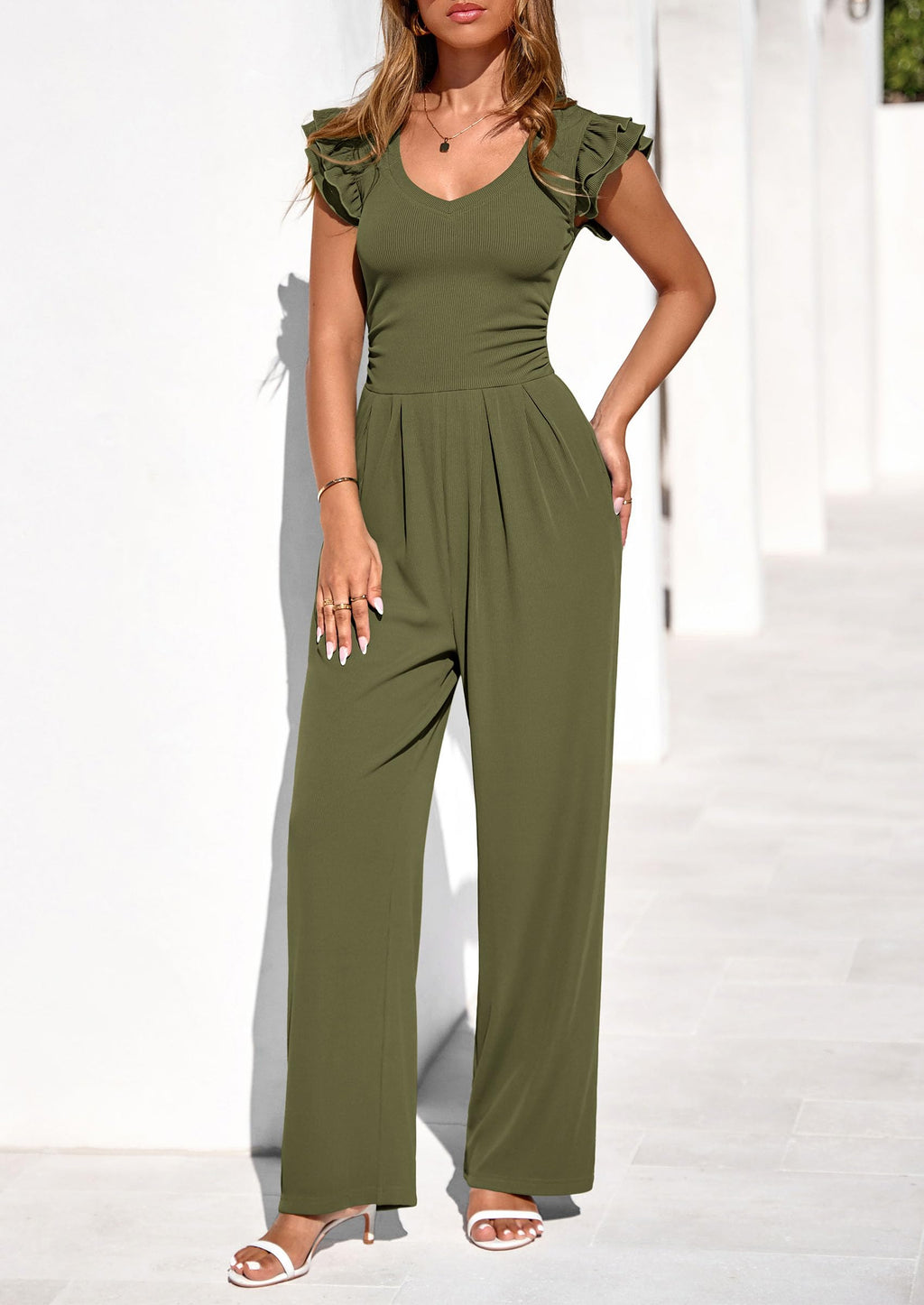 PRETTYGARDEN One Piece Jumpsuits For Women Dressy Ruffle Cap Sleeve V Neck Ribbed Knit Wide Leg Romper Casual Spring Outfits