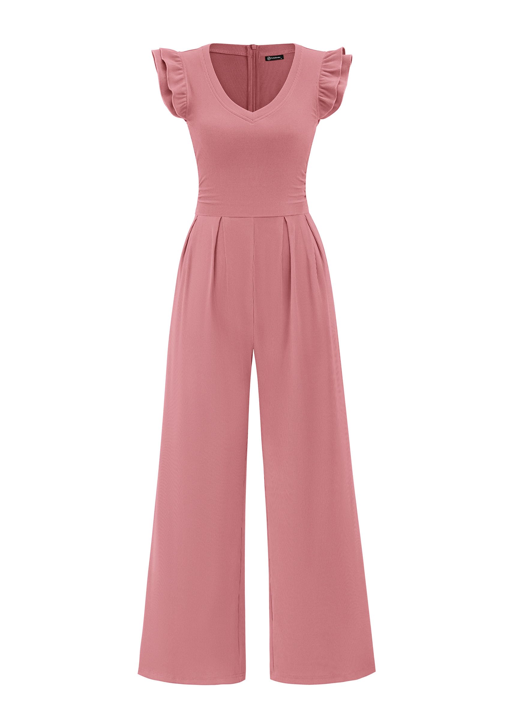 PRETTYGARDEN One Piece Jumpsuits For Women Dressy Ruffle Cap Sleeve V Neck Ribbed Knit Wide Leg Romper Casual Spring Outfits