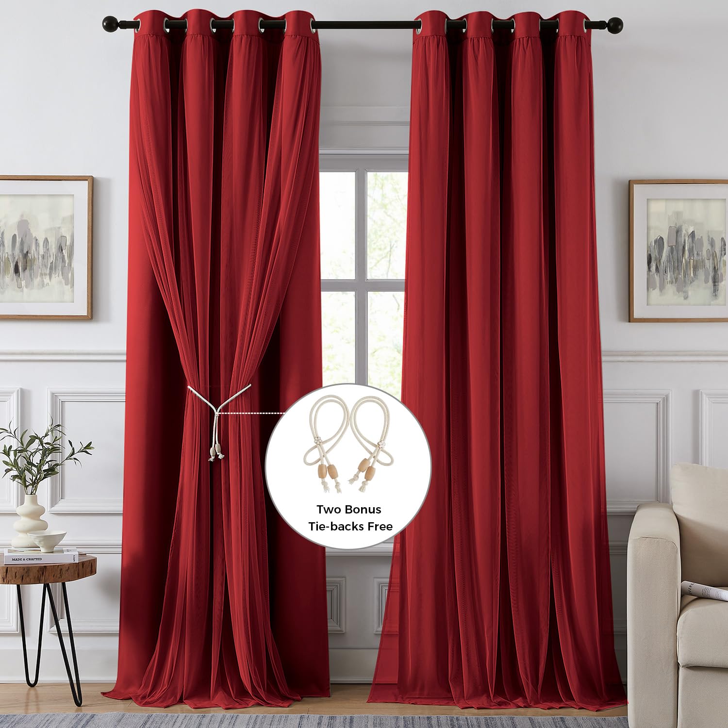 100% Blackout Curtains for Bedroom, Double Layer Pink Curtains, Black Out Curtain 84 inch Long with Sheer Overlay for Living Room, Room Darkening Window Drapes with Grommet, 52" W x 84" L