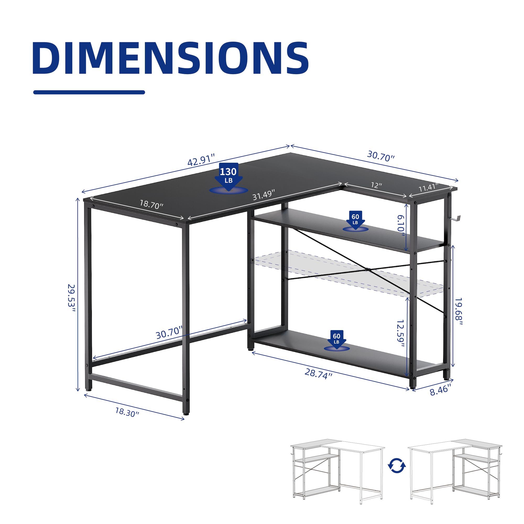Pamray 43 Inch L Shaped Computer Desk with Reversible Side Storage Shelves, Small Corner Desk for Small Space Home Office,Writing Study Table PC Desk for Bedroom,Pink with White Leg