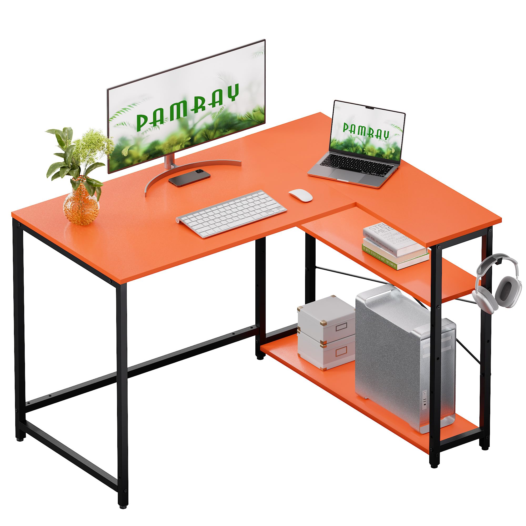 Pamray 43 Inch L Shaped Computer Desk with Reversible Side Storage Shelves, Small Corner Desk for Small Space Home Office,Writing Study Table PC Desk for Bedroom,Pink with White Leg