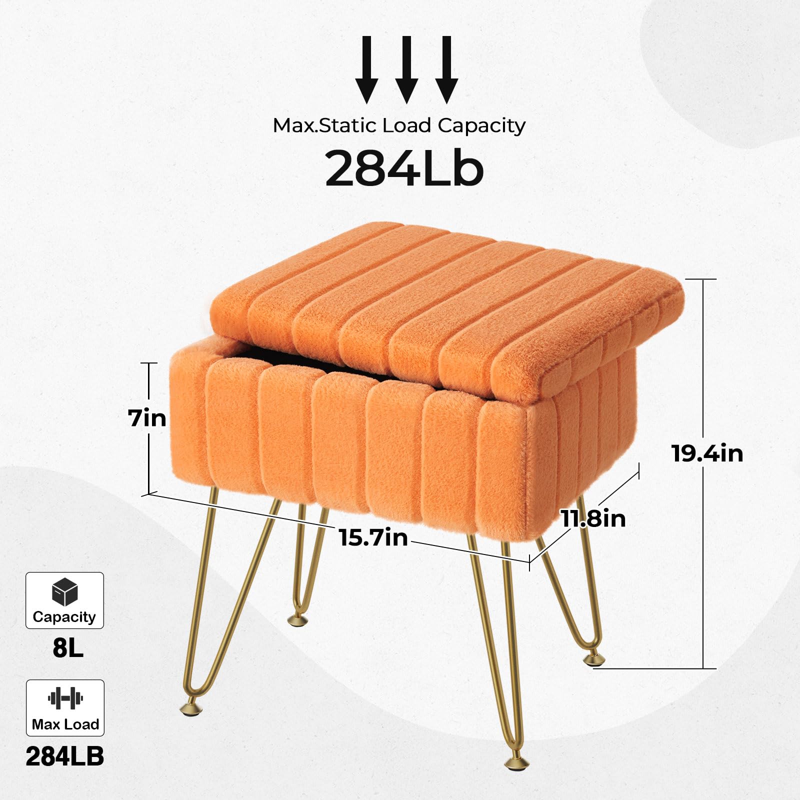 Greenstell Vanity Stool Chair Faux Fur with Storage, 15.7"L x 11.8"W x 19.4"H Soft Ottoman 4 Metal Legs with Anti-Slip Feet, Furry Padded Seat, Modern Multifunctional Chairs for Makeup, Bedroom Pink