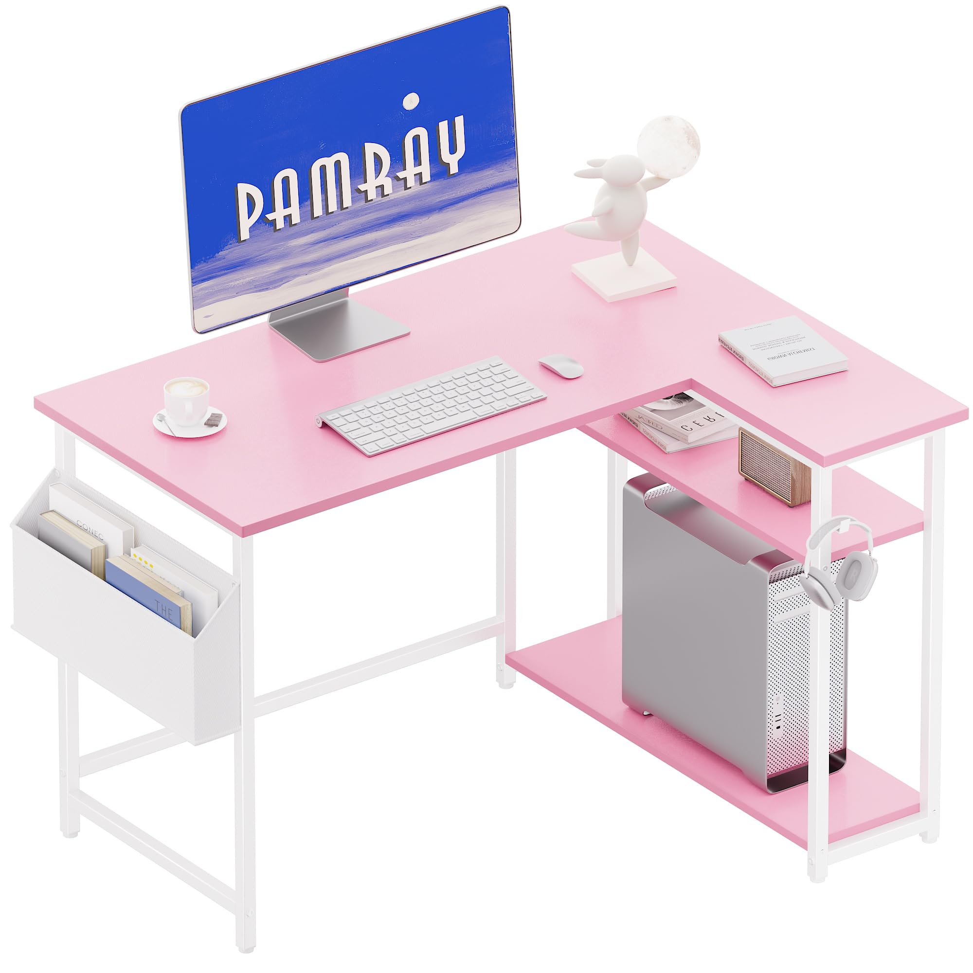 Pamray 43 Inch L Shaped Computer Desk with Reversible Side Storage Shelves, Small Corner Desk for Small Space Home Office,Writing Study Table PC Desk for Bedroom,Pink with White Leg