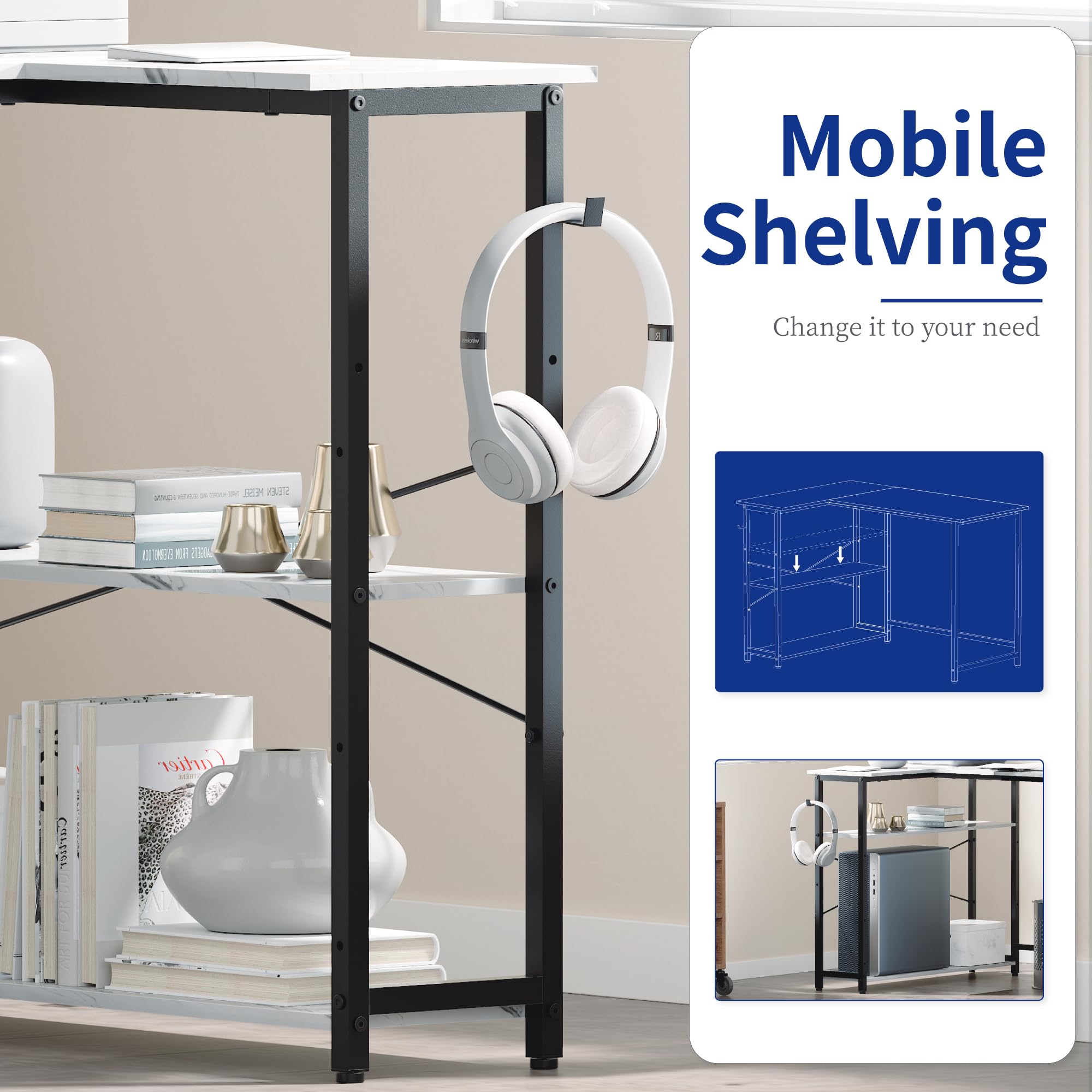 Pamray 43 Inch L Shaped Computer Desk with Reversible Side Storage Shelves, Small Corner Desk for Small Space Home Office,Writing Study Table PC Desk for Bedroom,Pink with White Leg