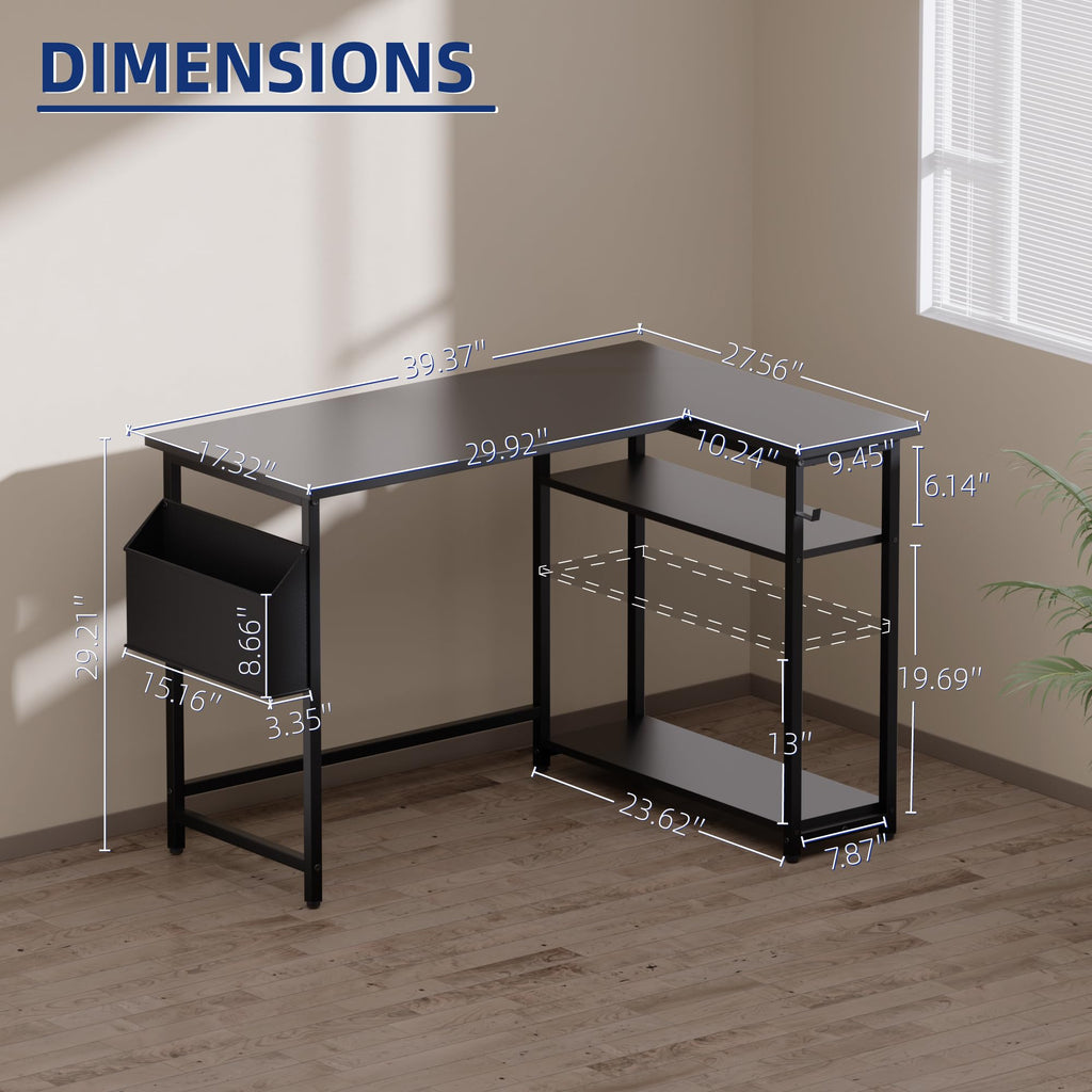 Pamray 43 Inch L Shaped Computer Desk with Reversible Side Storage Shelves, Small Corner Desk for Small Space Home Office,Writing Study Table PC Desk for Bedroom,Pink with White Leg