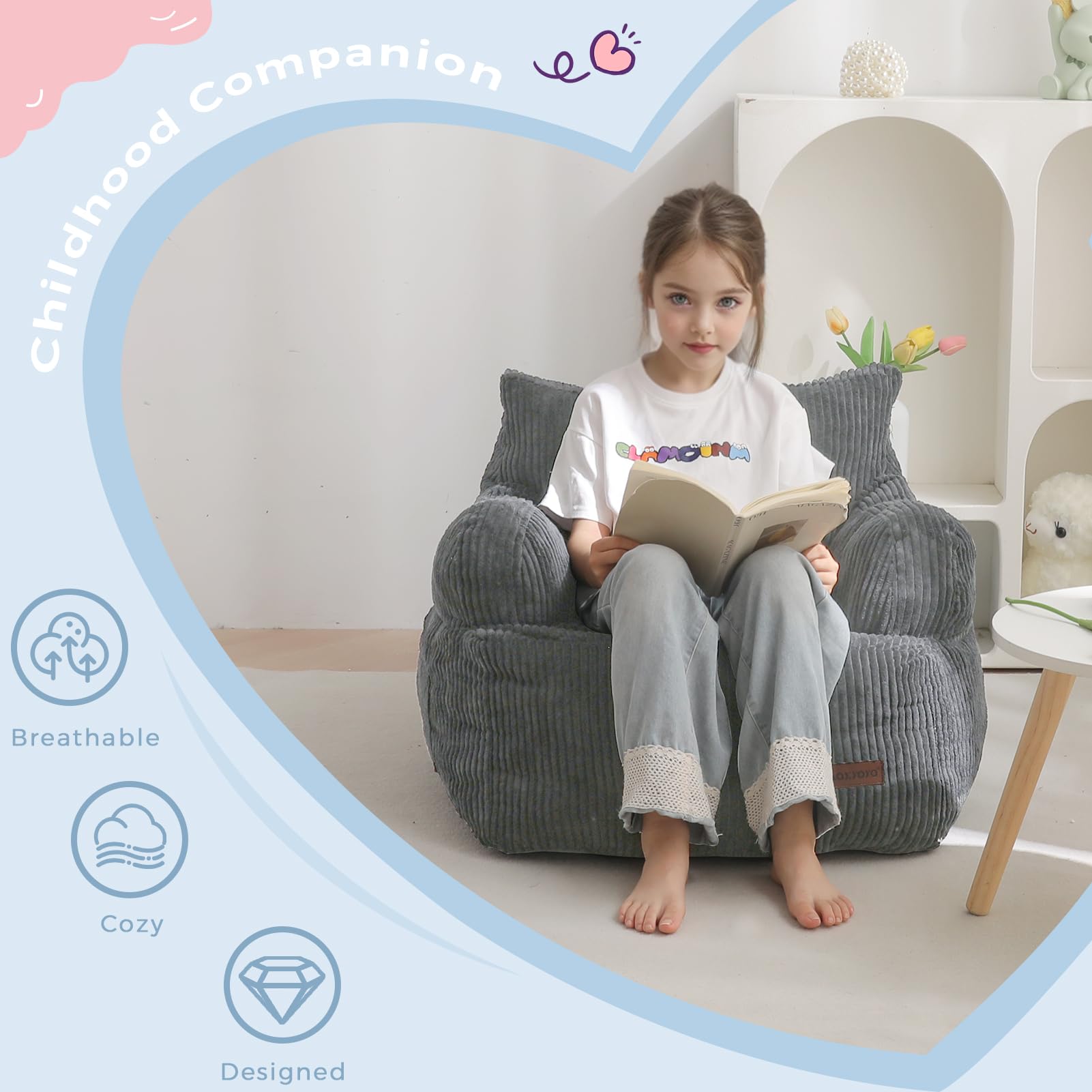 MAXYOYO Kids Bean Bag Chair, Stuffed Toddler Bean Bag Sofa with Filler Bean Bag Chair for Boys and Girls, Lazy Sofa with Pocket Floor Chair for Gaming, Reading, Pink