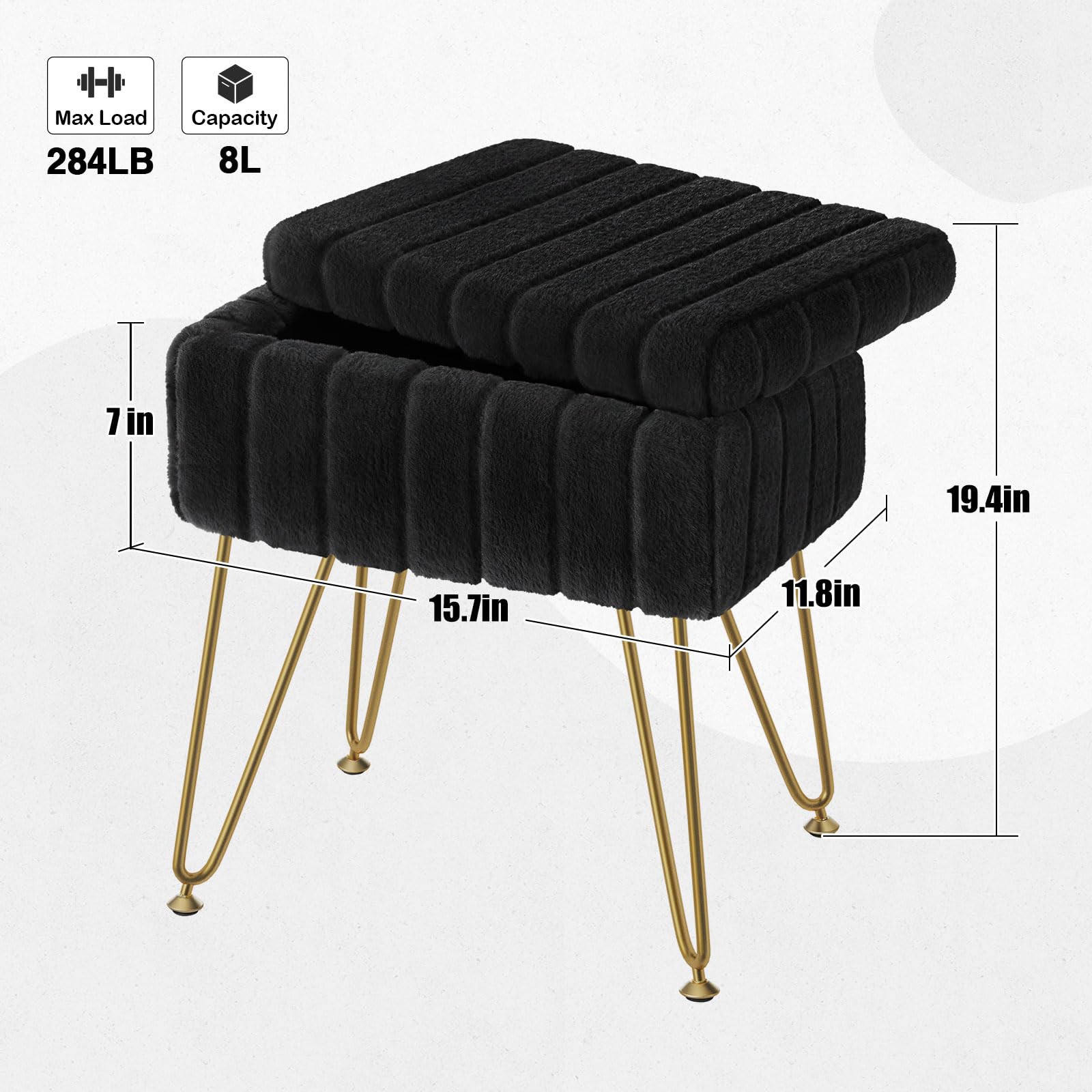 Greenstell Vanity Stool Chair Faux Fur with Storage, 15.7"L x 11.8"W x 19.4"H Soft Ottoman 4 Metal Legs with Anti-Slip Feet, Furry Padded Seat, Modern Multifunctional Chairs for Makeup, Bedroom Pink