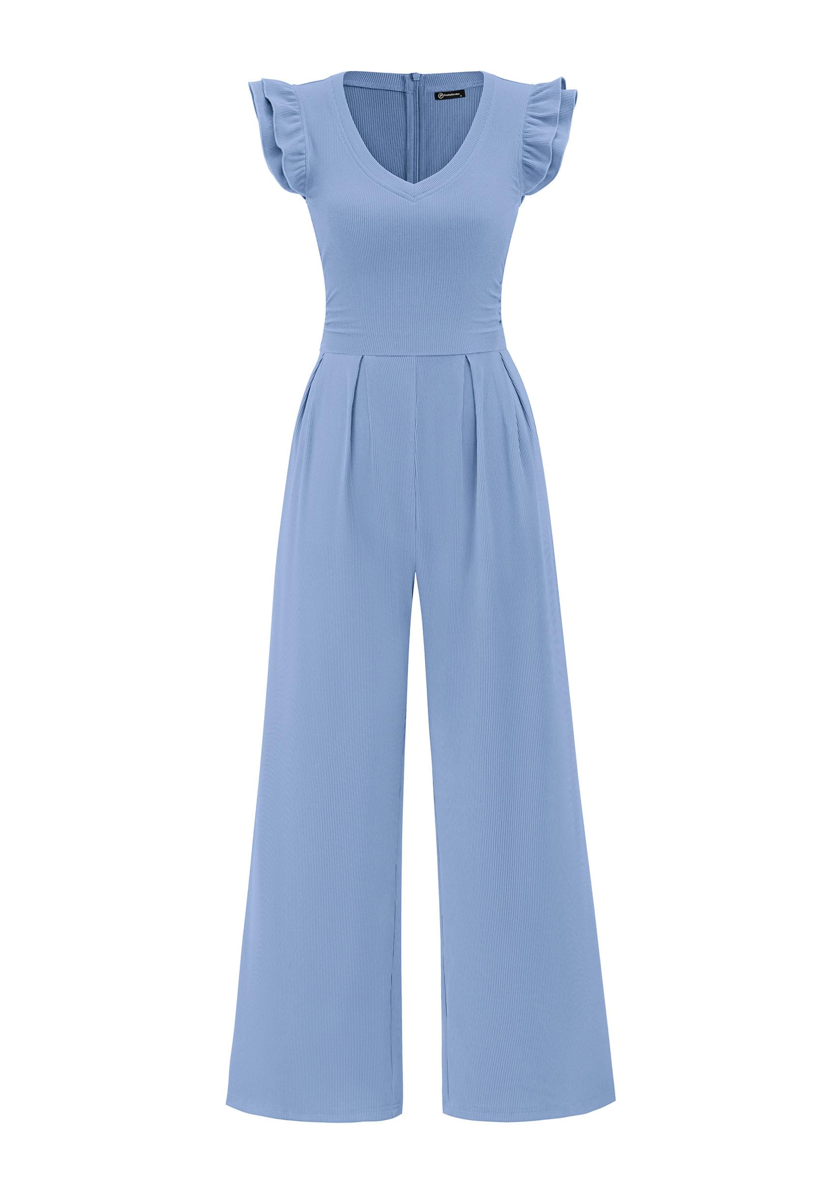 PRETTYGARDEN One Piece Jumpsuits For Women Dressy Ruffle Cap Sleeve V Neck Ribbed Knit Wide Leg Romper Casual Spring Outfits