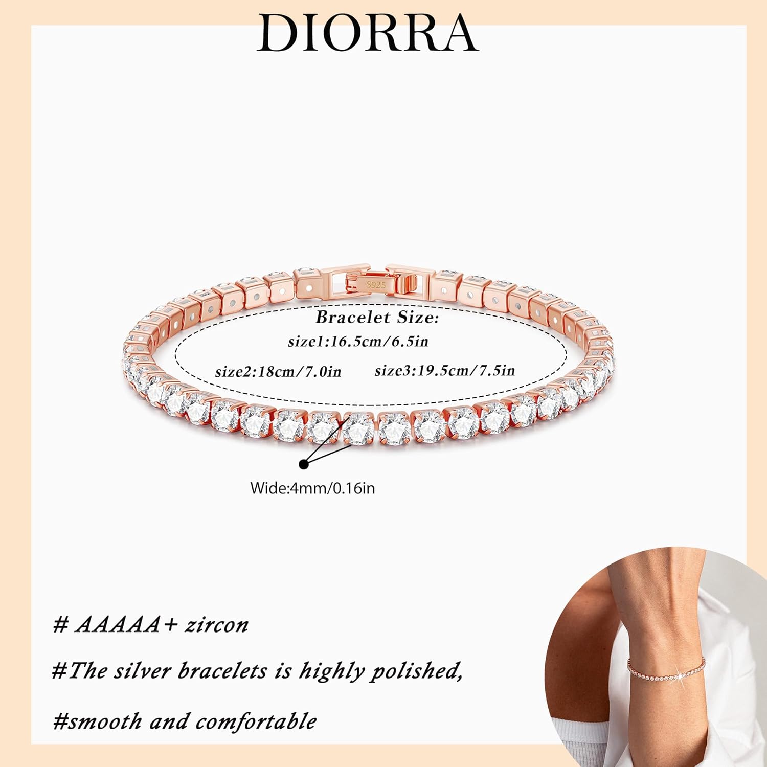 3mm/4mm Cubic Zirconia Classic Tennis Bracelet 14K Gold Plated/Silver Bracelets for Women Size 6.5-7.5 Inch