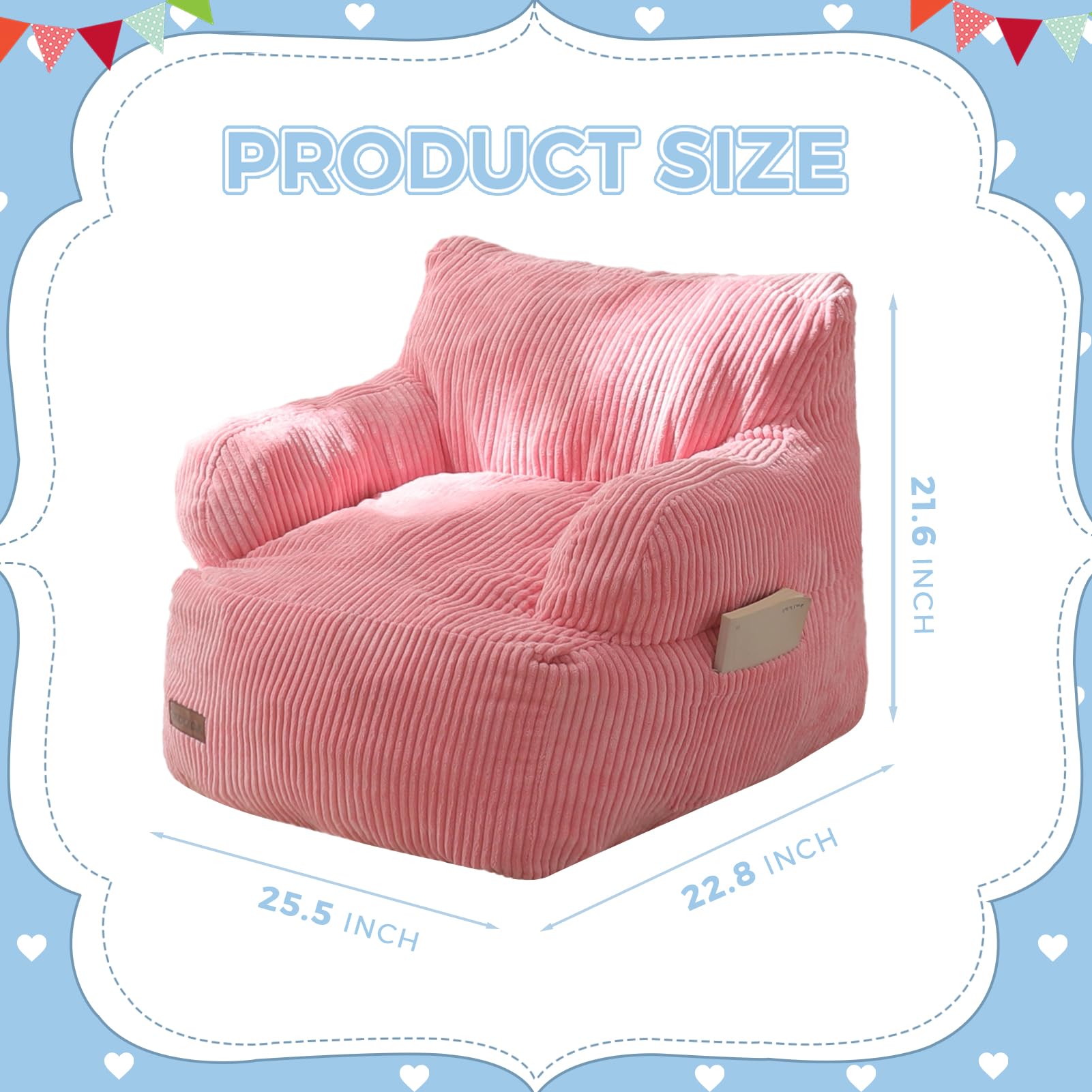 MAXYOYO Kids Bean Bag Chair, Stuffed Toddler Bean Bag Sofa with Filler Bean Bag Chair for Boys and Girls, Lazy Sofa with Pocket Floor Chair for Gaming, Reading, Pink