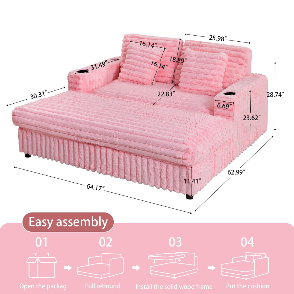 RARZOE 64'' Oversized Chaise Lounge Chair Indoor, Plush Faux Rabbit Fur Sleeper Sofa Bed with 4 Pillows, Charging Station & Cup Holders, Fluffy Comfy Cloud Couch Loveseat Sofa for Living Room,Pink