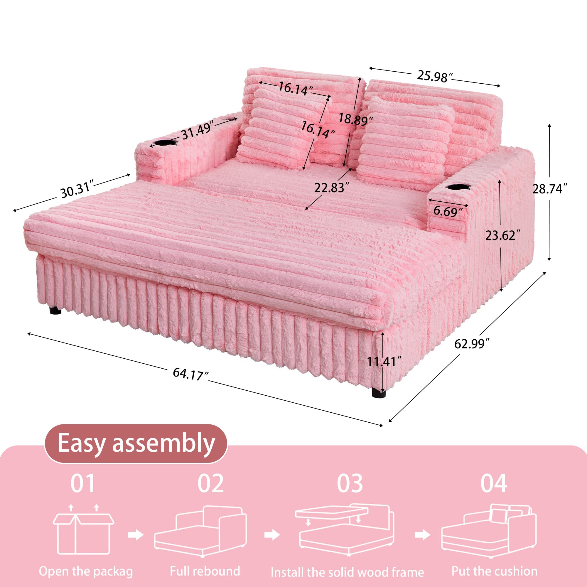 RARZOE 64'' Oversized Chaise Lounge Chair Indoor, Plush Faux Rabbit Fur Sleeper Sofa Bed with 4 Pillows, Charging Station & Cup Holders, Fluffy Comfy Cloud Couch Loveseat Sofa for Living Room,Pink