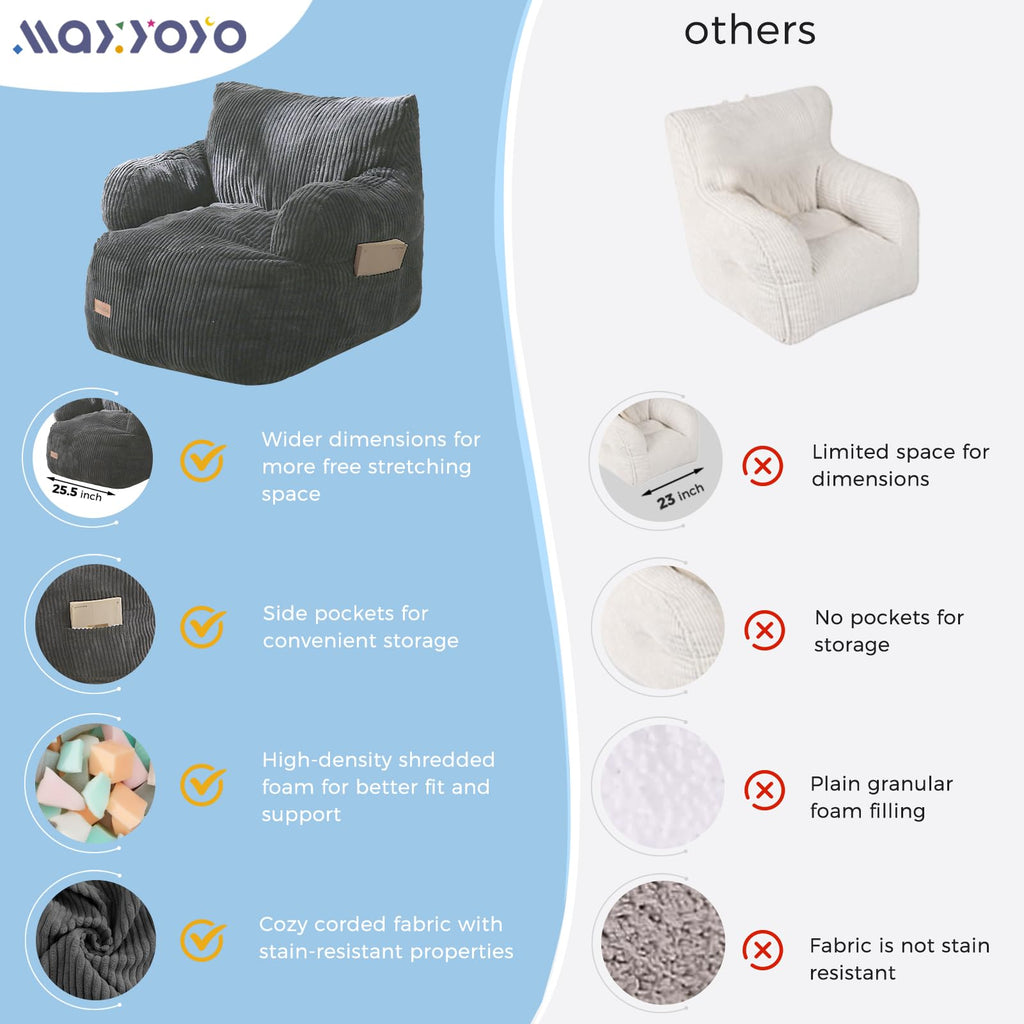 MAXYOYO Kids Bean Bag Chair, Stuffed Toddler Bean Bag Sofa with Filler Bean Bag Chair for Boys and Girls, Lazy Sofa with Pocket Floor Chair for Gaming, Reading, Pink