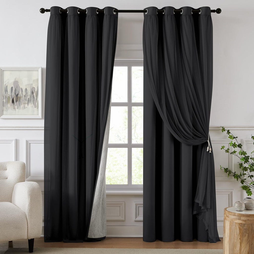 100% Blackout Curtains for Bedroom, Double Layer Pink Curtains, Black Out Curtain 84 inch Long with Sheer Overlay for Living Room, Room Darkening Window Drapes with Grommet, 52" W x 84" L