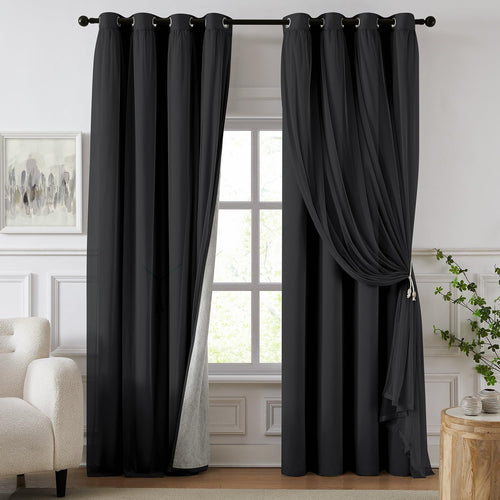 100% Blackout Curtains for Bedroom, Double Layer Pink Curtains, Black Out Curtain 84 inch Long with Sheer Overlay for Living Room, Room Darkening Window Drapes with Grommet, 52" W x 84" L