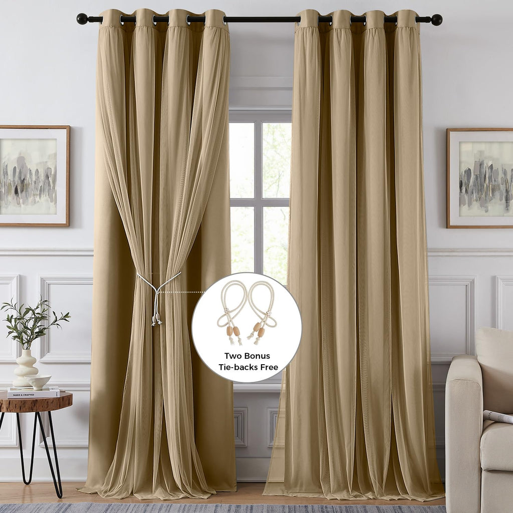 100% Blackout Curtains for Bedroom, Double Layer Pink Curtains, Black Out Curtain 84 inch Long with Sheer Overlay for Living Room, Room Darkening Window Drapes with Grommet, 52" W x 84" L