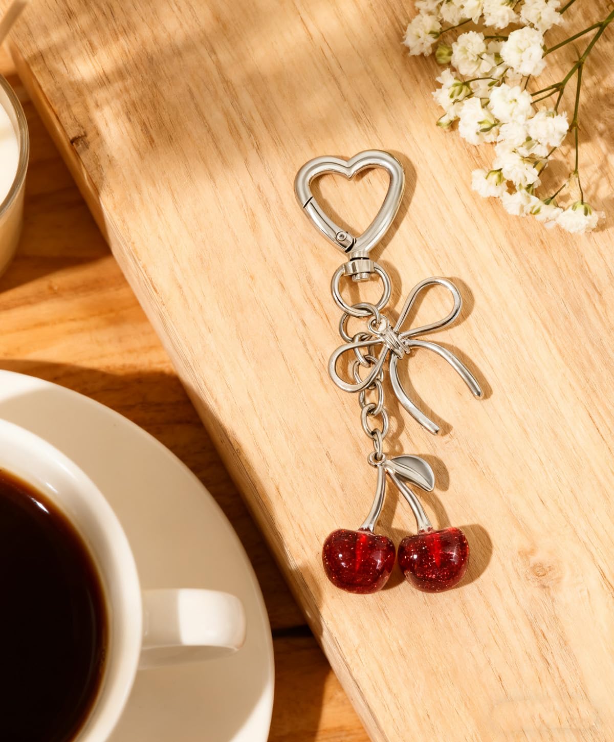 Rikhiua Cute Cherry Keychain Bag Charm Elegant Bow Keychain for Women Friends Family Birthday Christmas Inspirational Gift