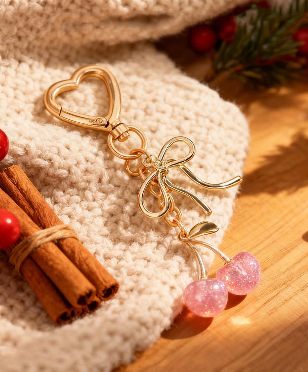 Rikhiua Cute Cherry Keychain Bag Charm Elegant Bow Keychain for Women Friends Family Birthday Christmas Inspirational Gift