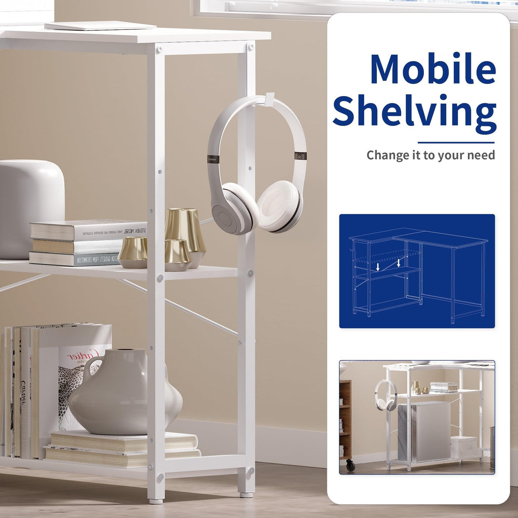 Pamray 43 Inch L Shaped Computer Desk with Reversible Side Storage Shelves, Small Corner Desk for Small Space Home Office,Writing Study Table PC Desk for Bedroom,Pink with White Leg