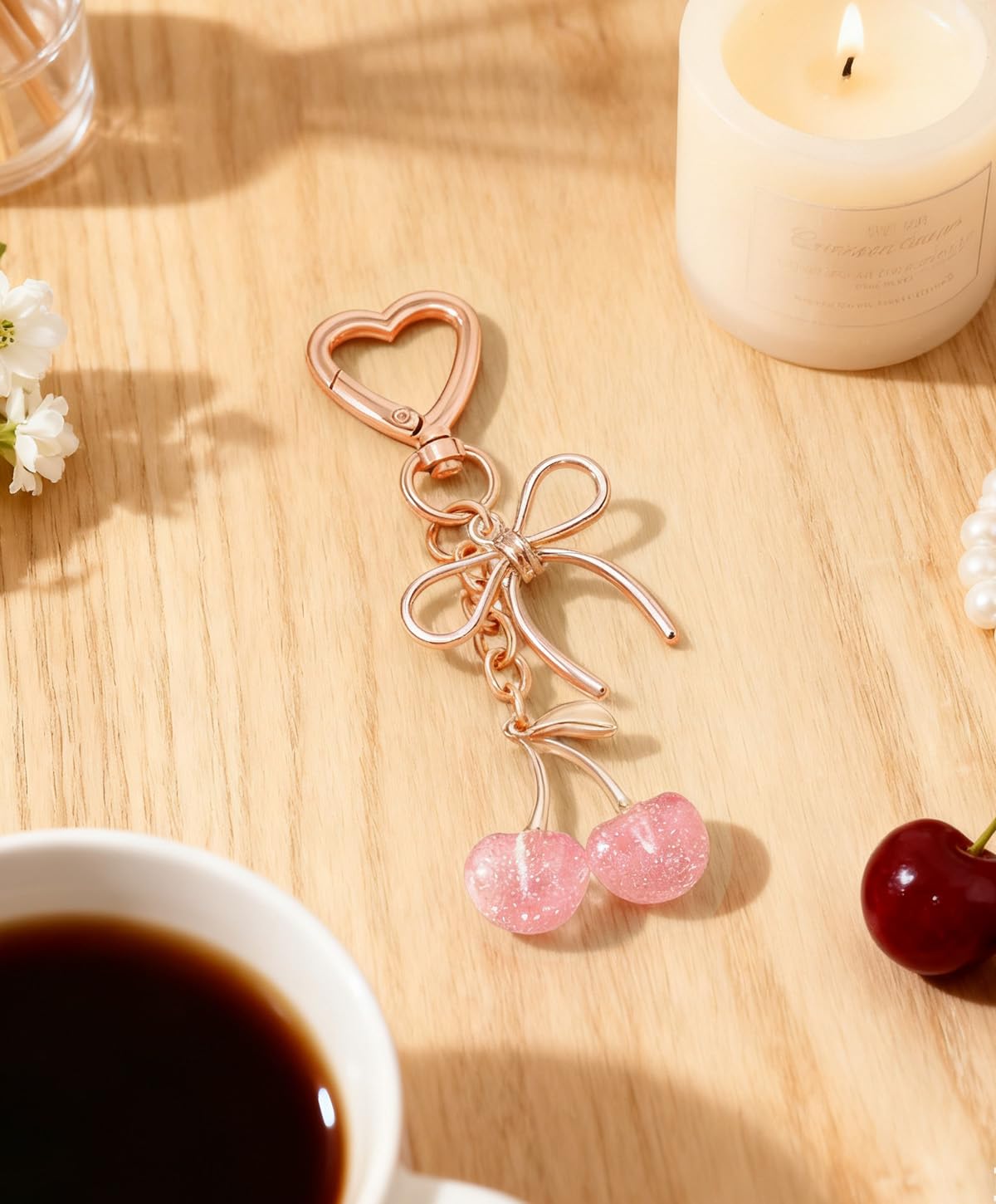 Rikhiua Cute Cherry Keychain Bag Charm Elegant Bow Keychain for Women Friends Family Birthday Christmas Inspirational Gift